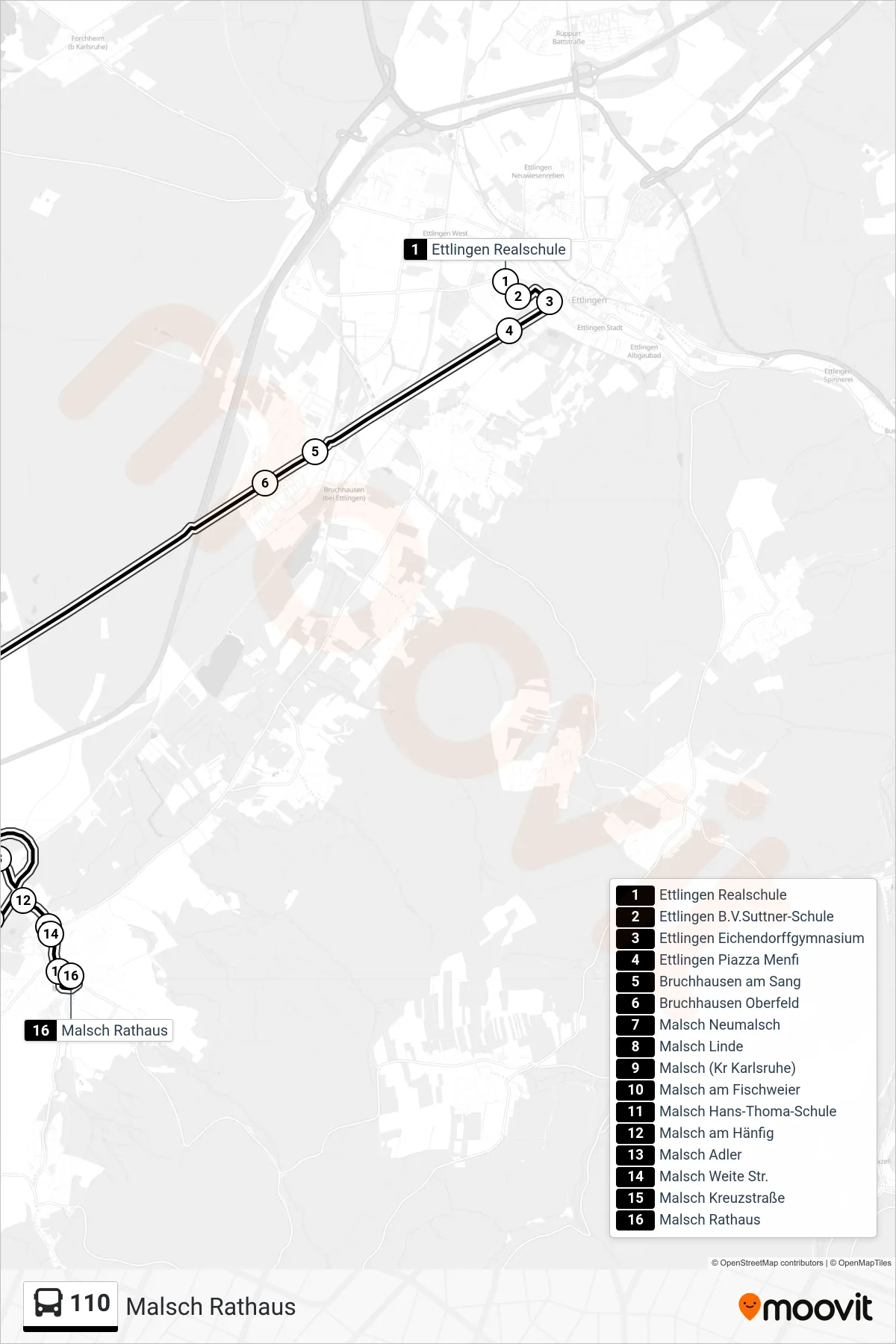 110 bus Line (Malsch Rathaus) route and stops on a map
