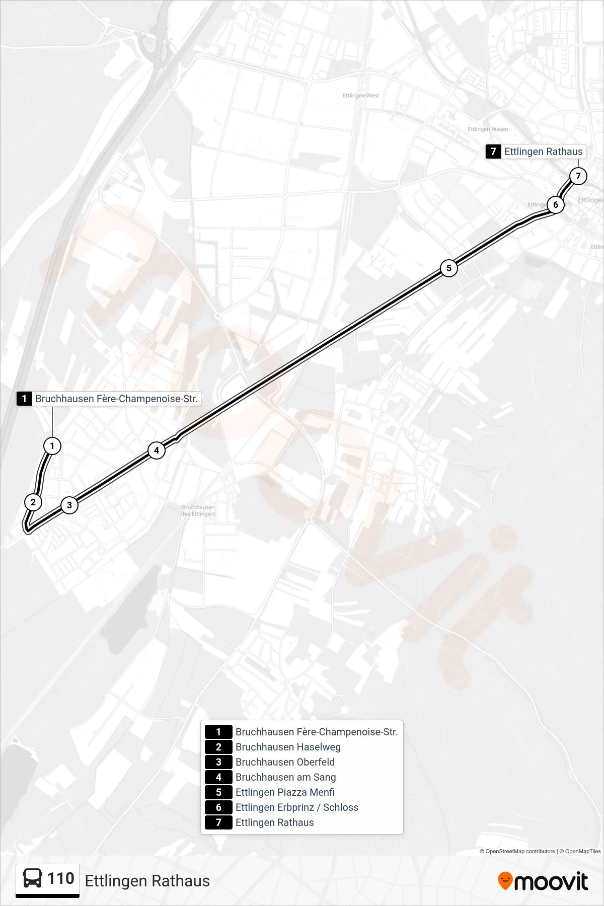 110 bus Line (Ettlingen Rathaus) route and stops on a map