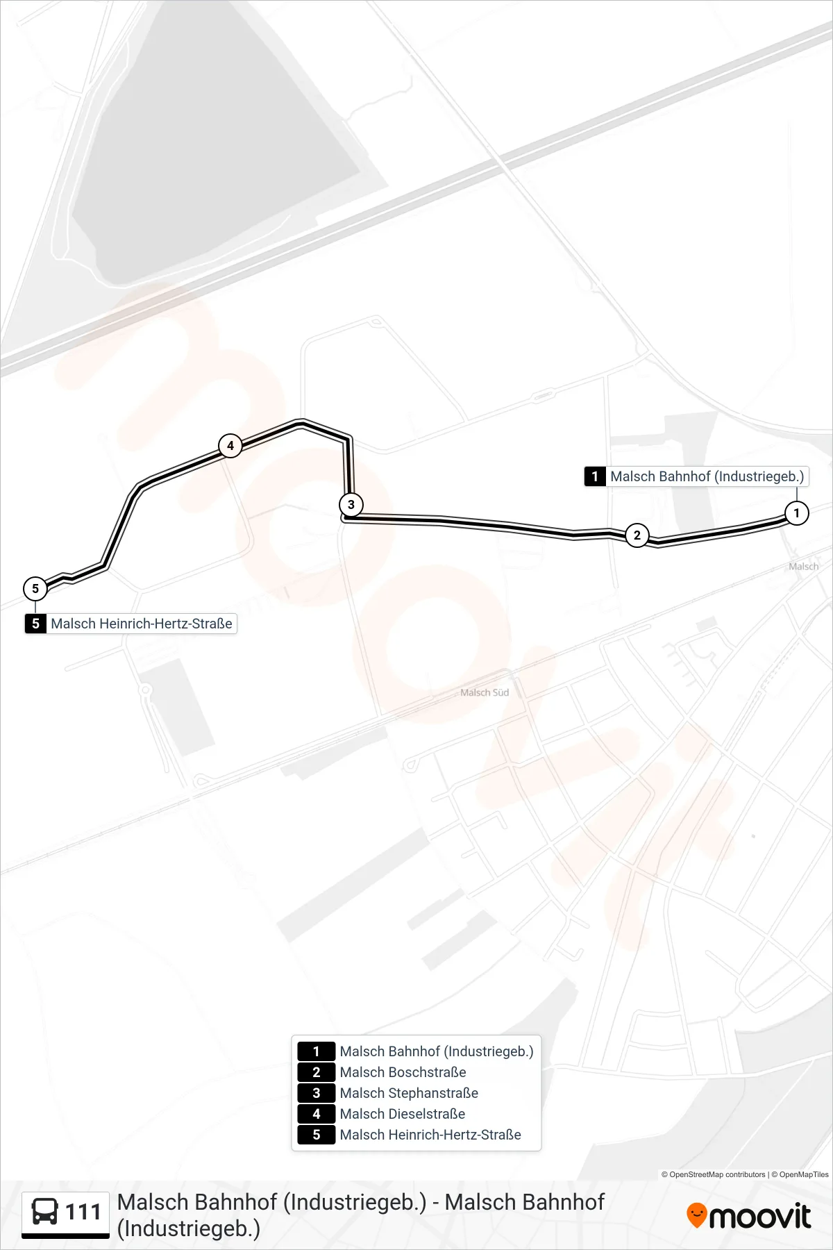 111 bus Line (Malsch Heinrich-Hertz-Straße) route and stops on a map