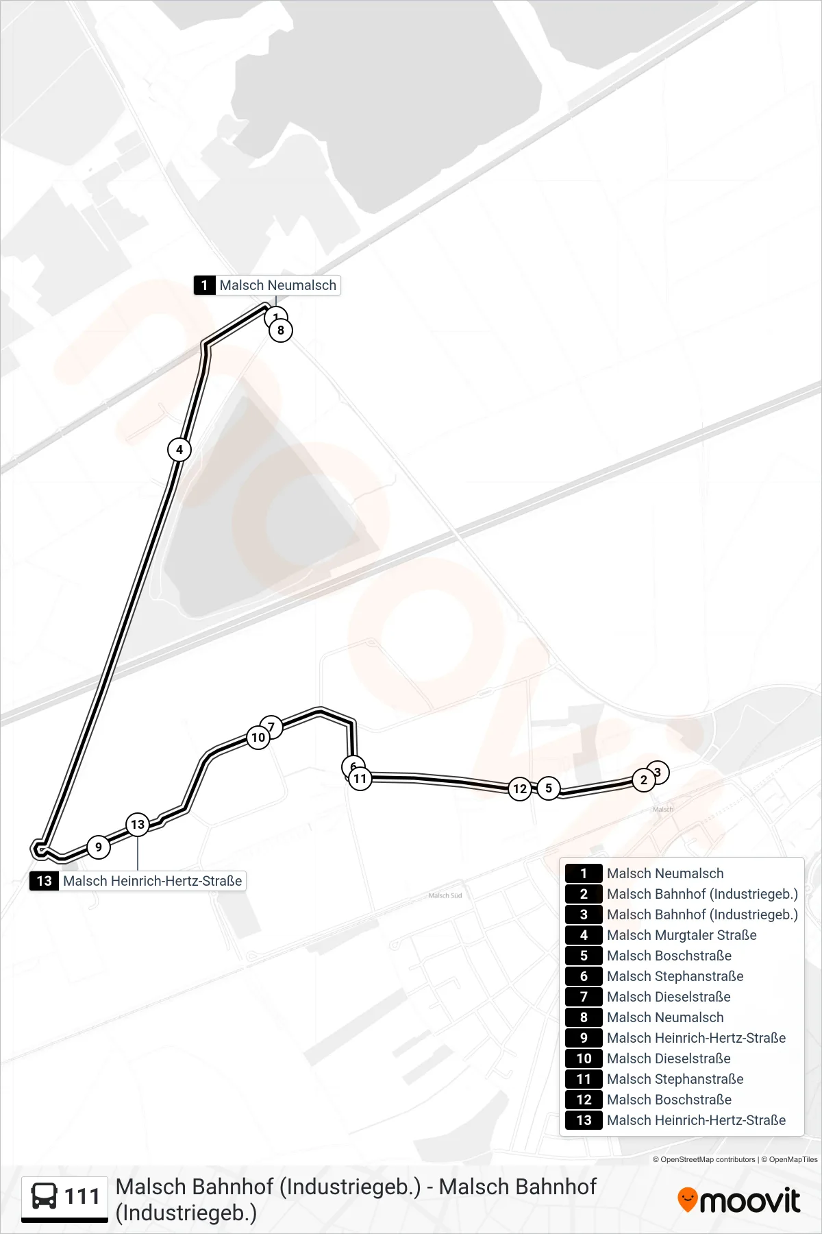 111 bus Line (Malsch Bahnhof (Industriegeb.)) route and stops on a map