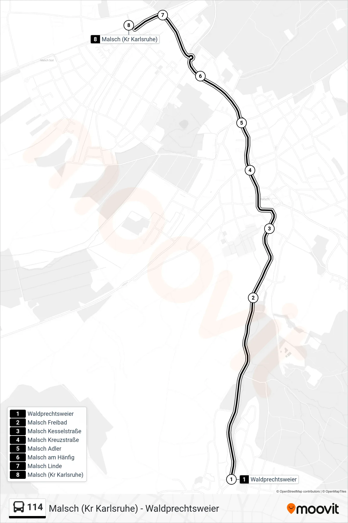 Linie 114 (Bus) Richtung Malsch (Kr Karlsruhe): Route und Haltestellen auf der Karte