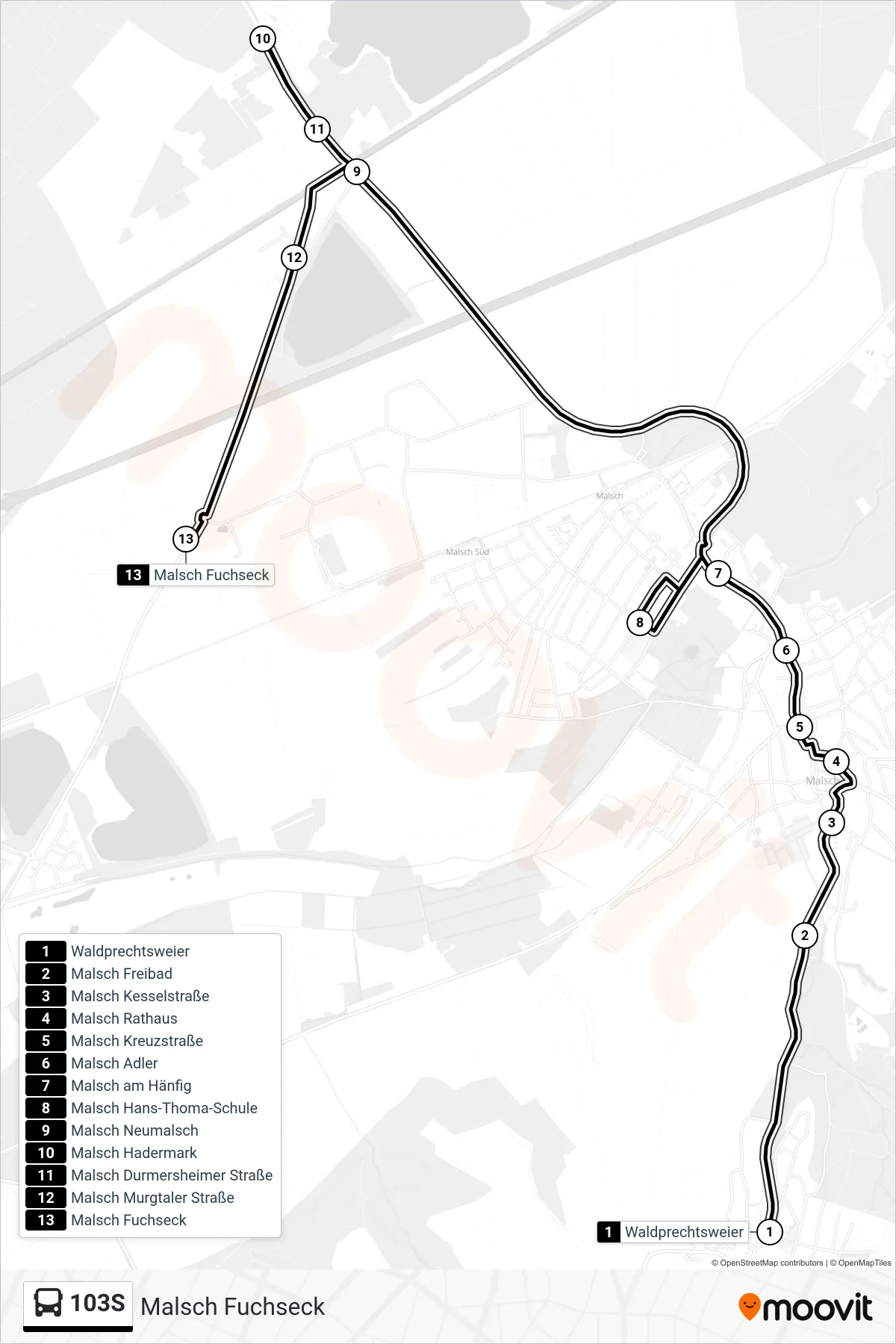 103S bus Line (Malsch Fuchseck) route and stops on a map