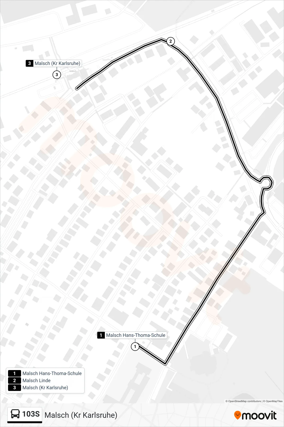 103S bus Line (Malsch (Kr Karlsruhe)) route and stops on a map
