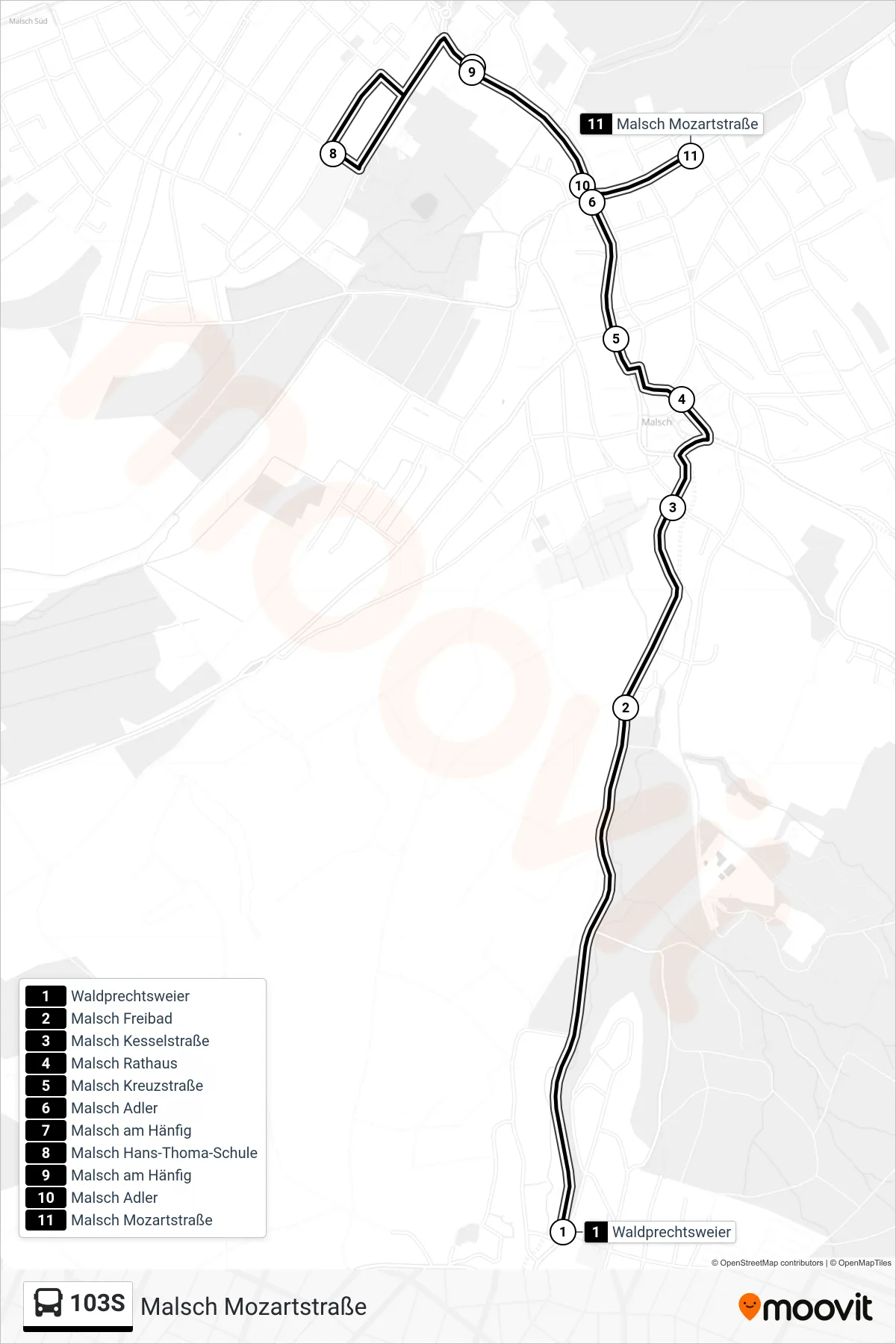 103S bus Line (Malsch Mozartstraße) route and stops on a map