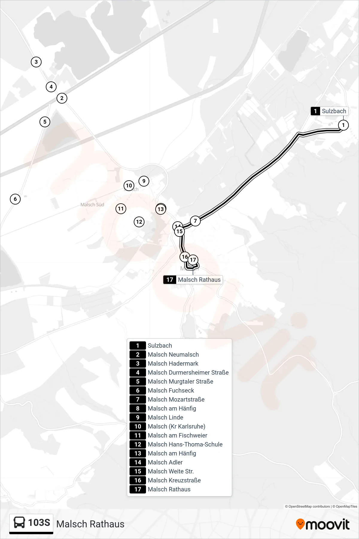 103S bus Line (Malsch Rathaus) route and stops on a map