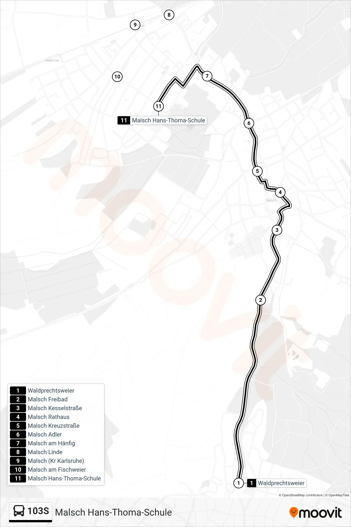 103S bus Line (Malsch Hans-Thoma-Schule) route and stops on a map