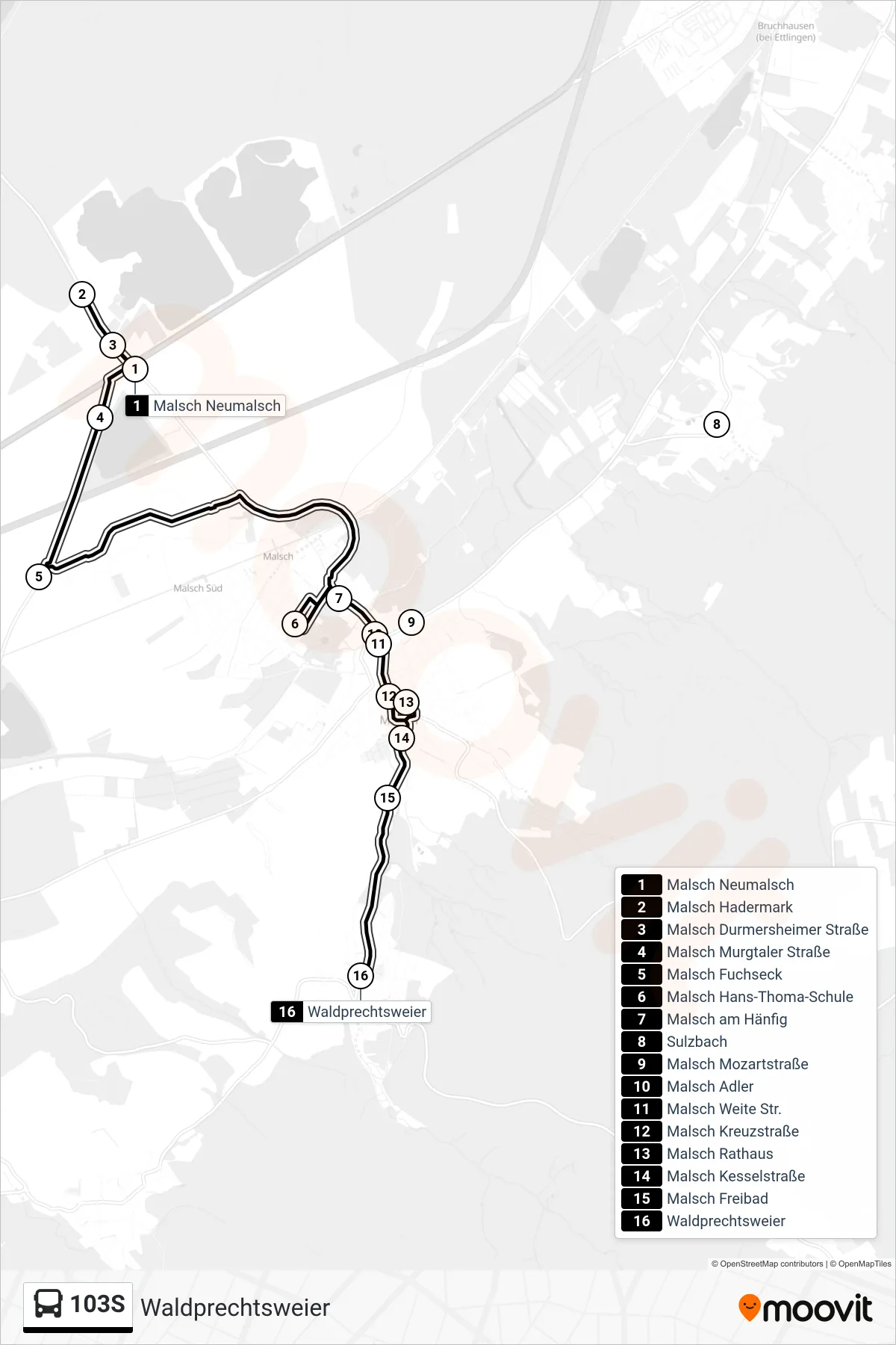 103S bus Line (Waldprechtsweier) route and stops on a map