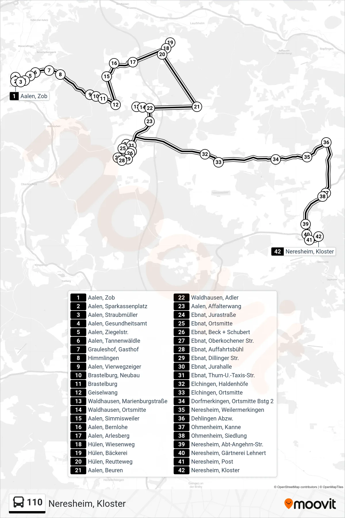 Linie 110 (Bus) Richtung Neresheim, Kloster: Route und Haltestellen auf der Karte