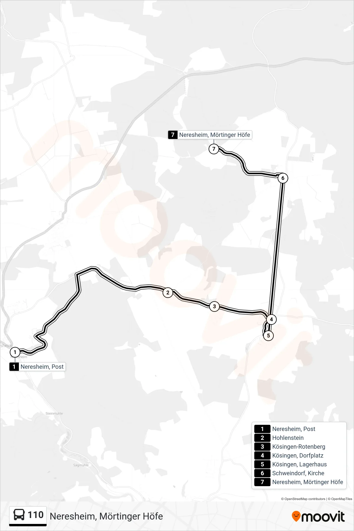 110 bus Line (Neresheim, Mörtinger Höfe) route and stops on a map