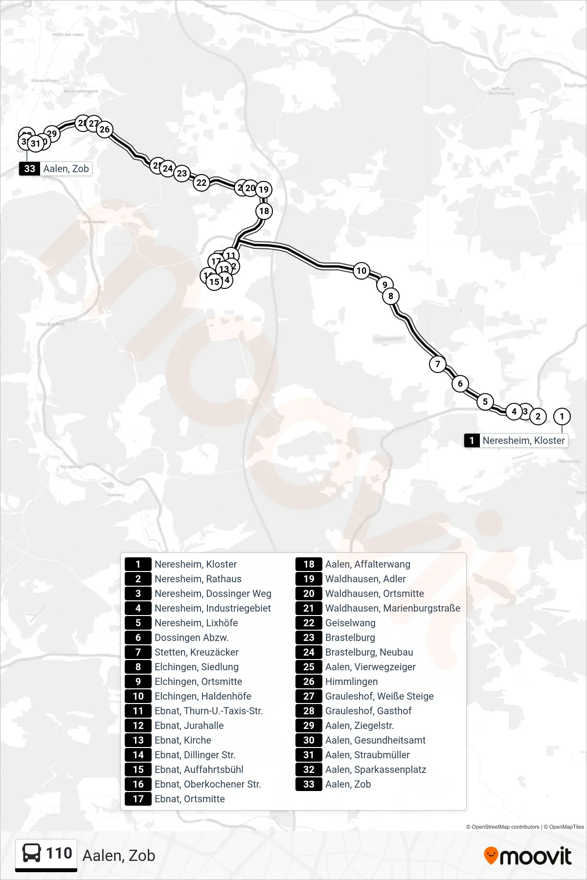 110 bus Line (Aalen, Zob) route and stops on a map