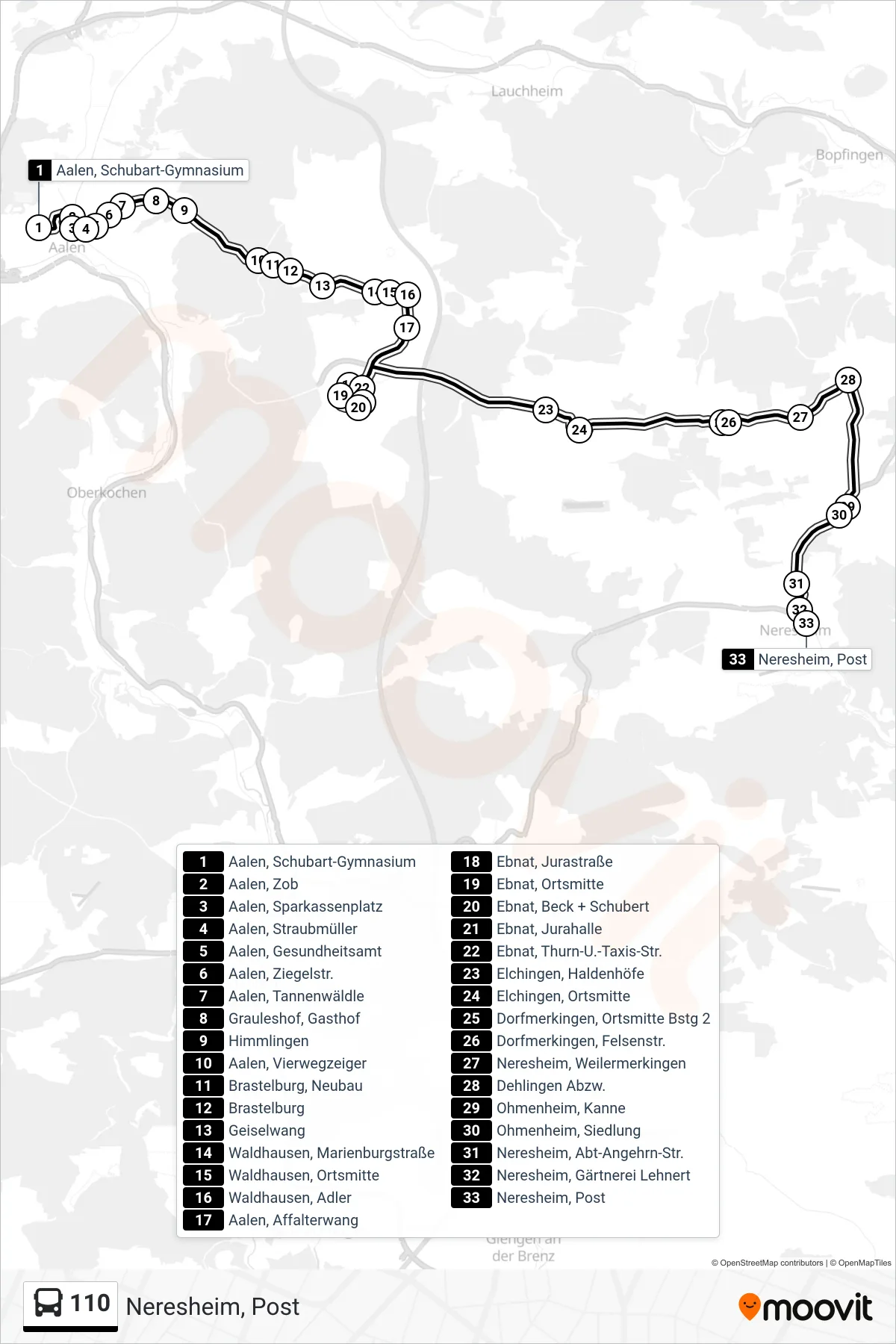 110 bus Line (Neresheim, Post) route and stops on a map