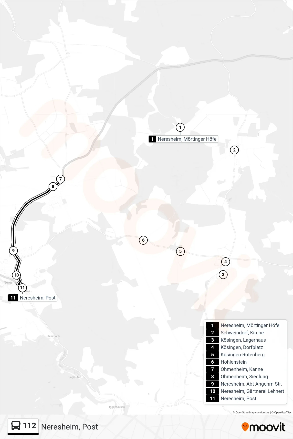 112 bus Line (Neresheim, Post) route and stops on a map