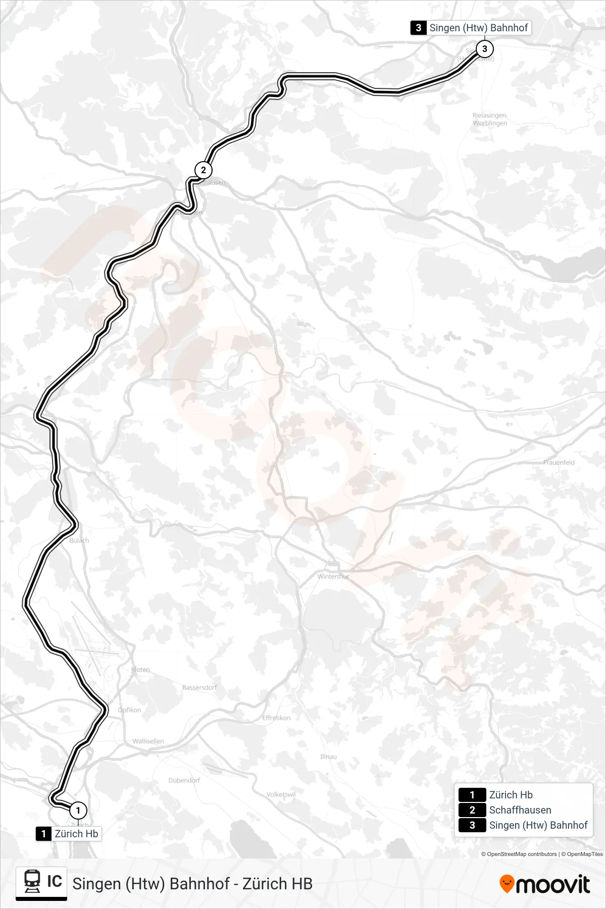 Linie IC (Bahn) Richtung Singen (Hohentwiel): Route und Haltestellen auf der Karte