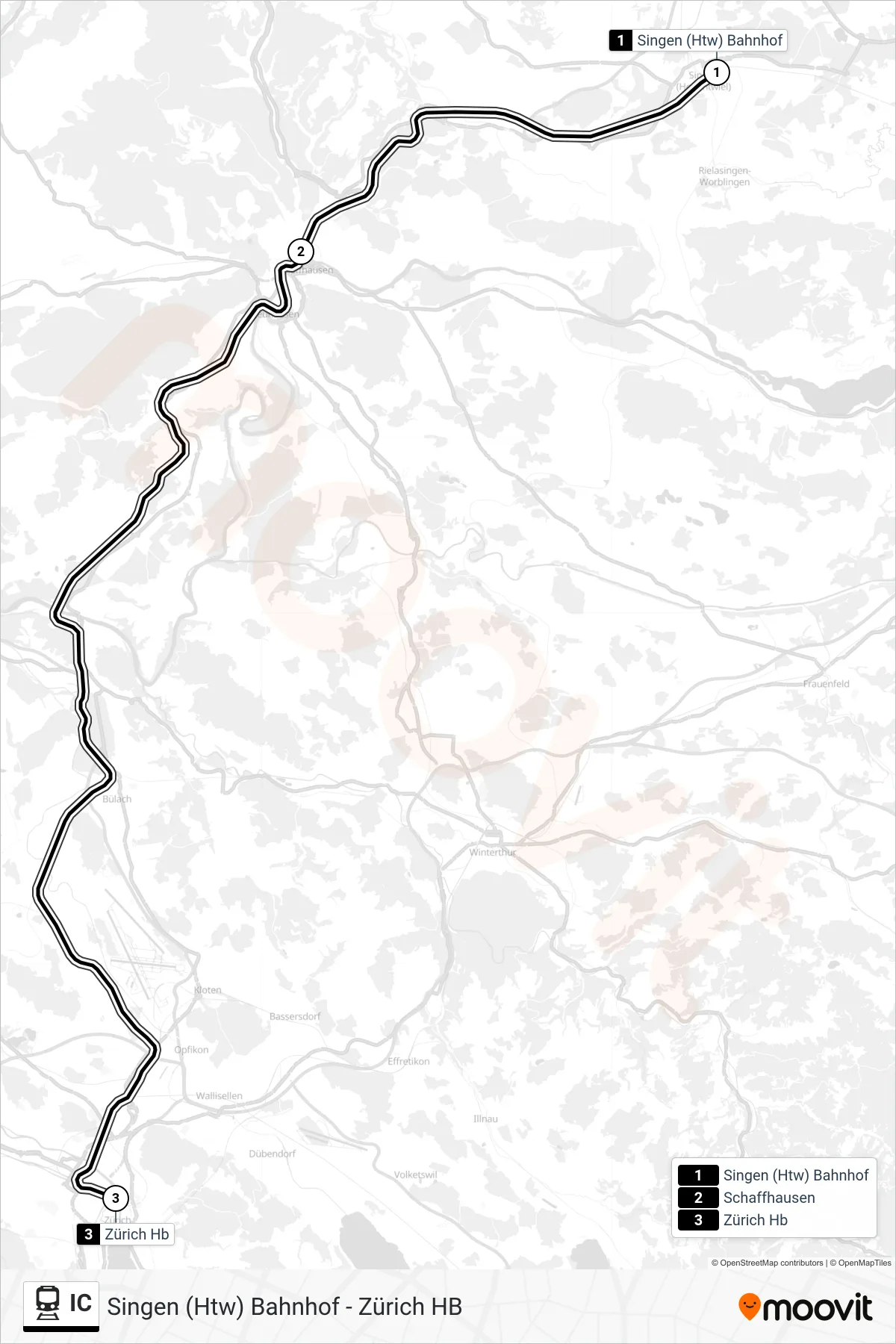 IC train Line (Zürich Hb) route and stops on a map