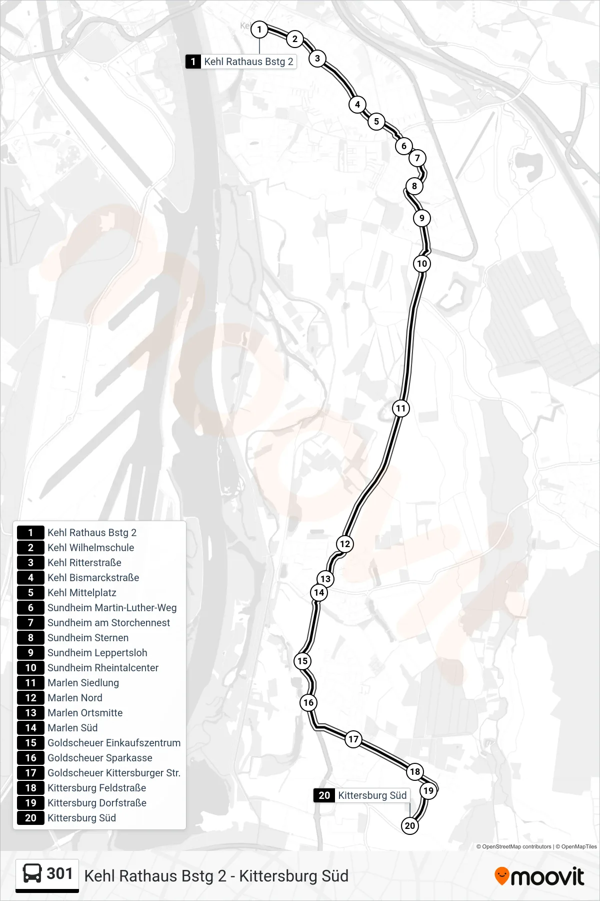 301 tram Line (Kittersburg Süd) route and stops on a map