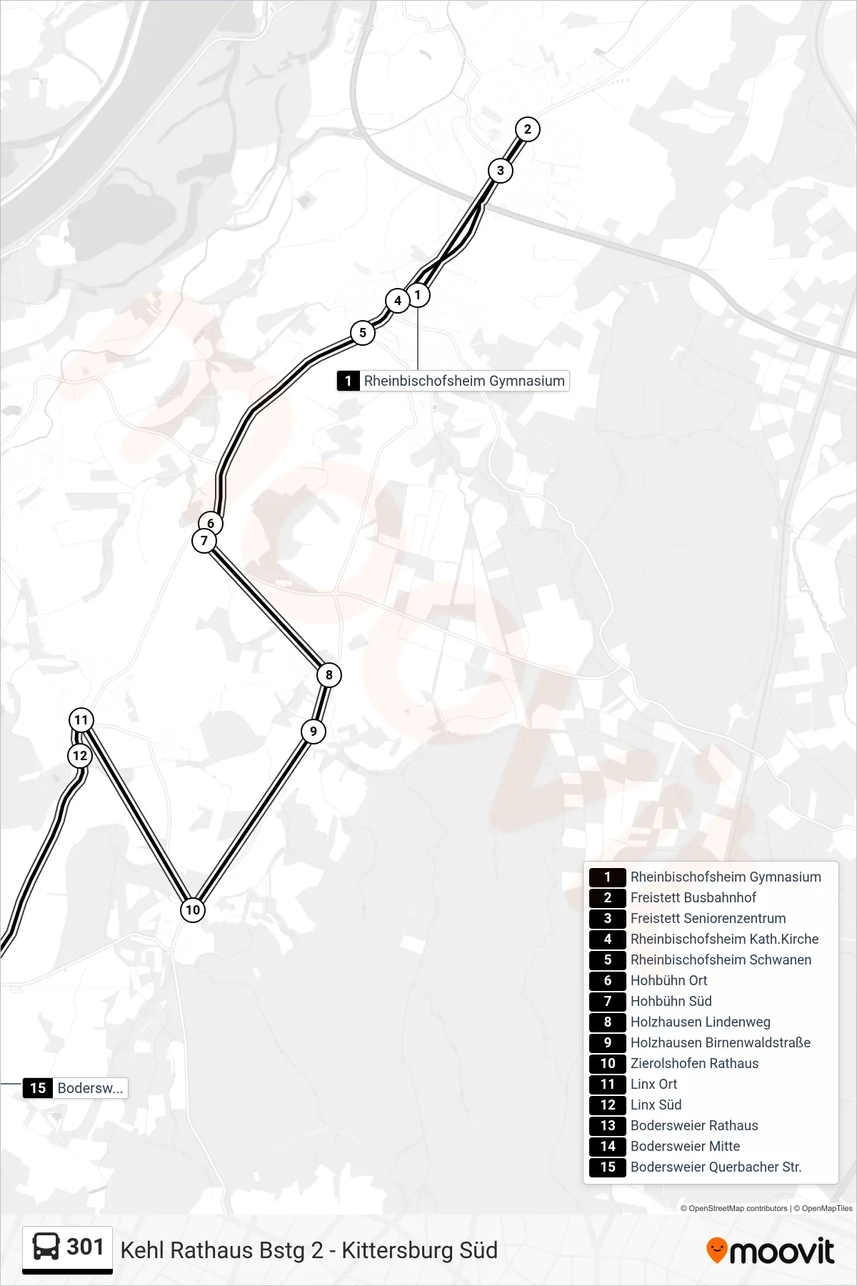 301 tram Line (Bodersweier Querbacher Str.) route and stops on a map