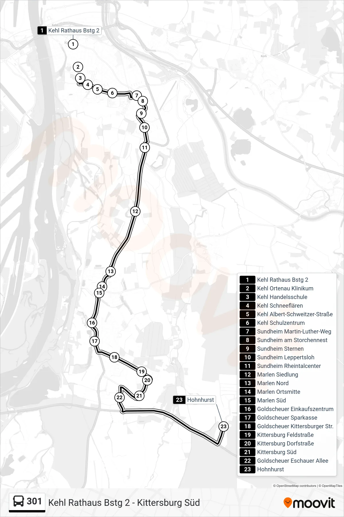 301 tram Line (Hohnhurst) route and stops on a map