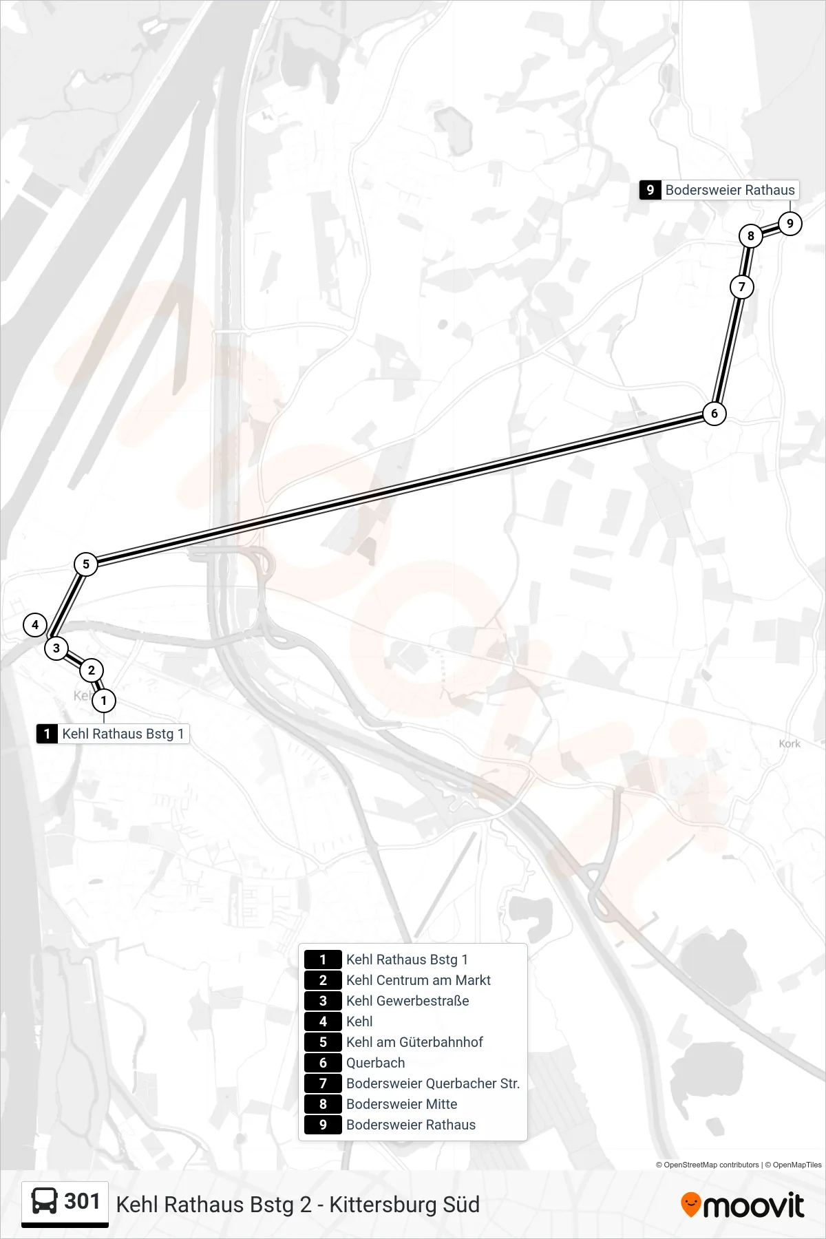 301 tram Line (Bodersweier Rathaus) route and stops on a map