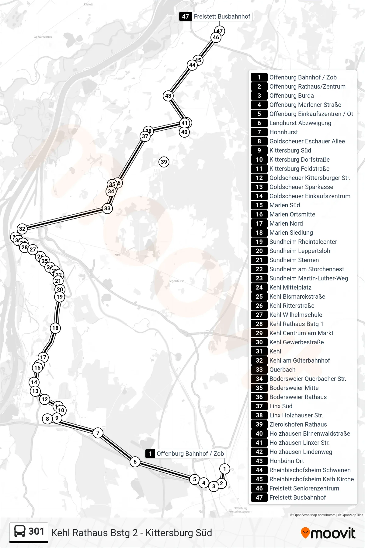Linie 301 (Tram) Richtung Freistett Busbahnhof: Route und Haltestellen auf der Karte