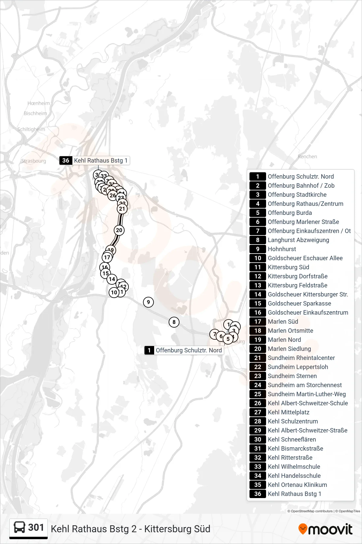 301 tram Line (Kehl Rathaus) route and stops on a map