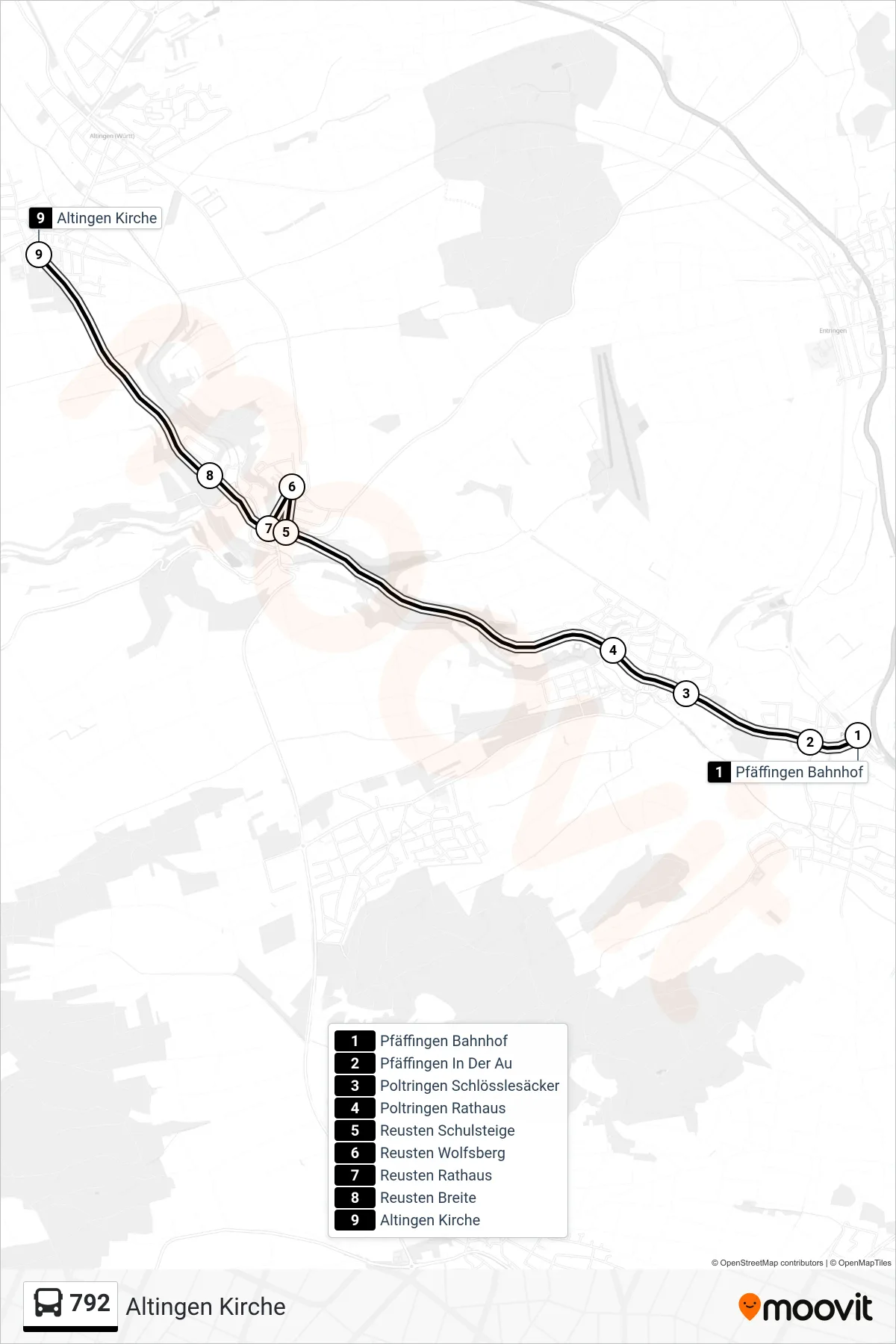792 bus Line (Altingen Kirche) route and stops on a map