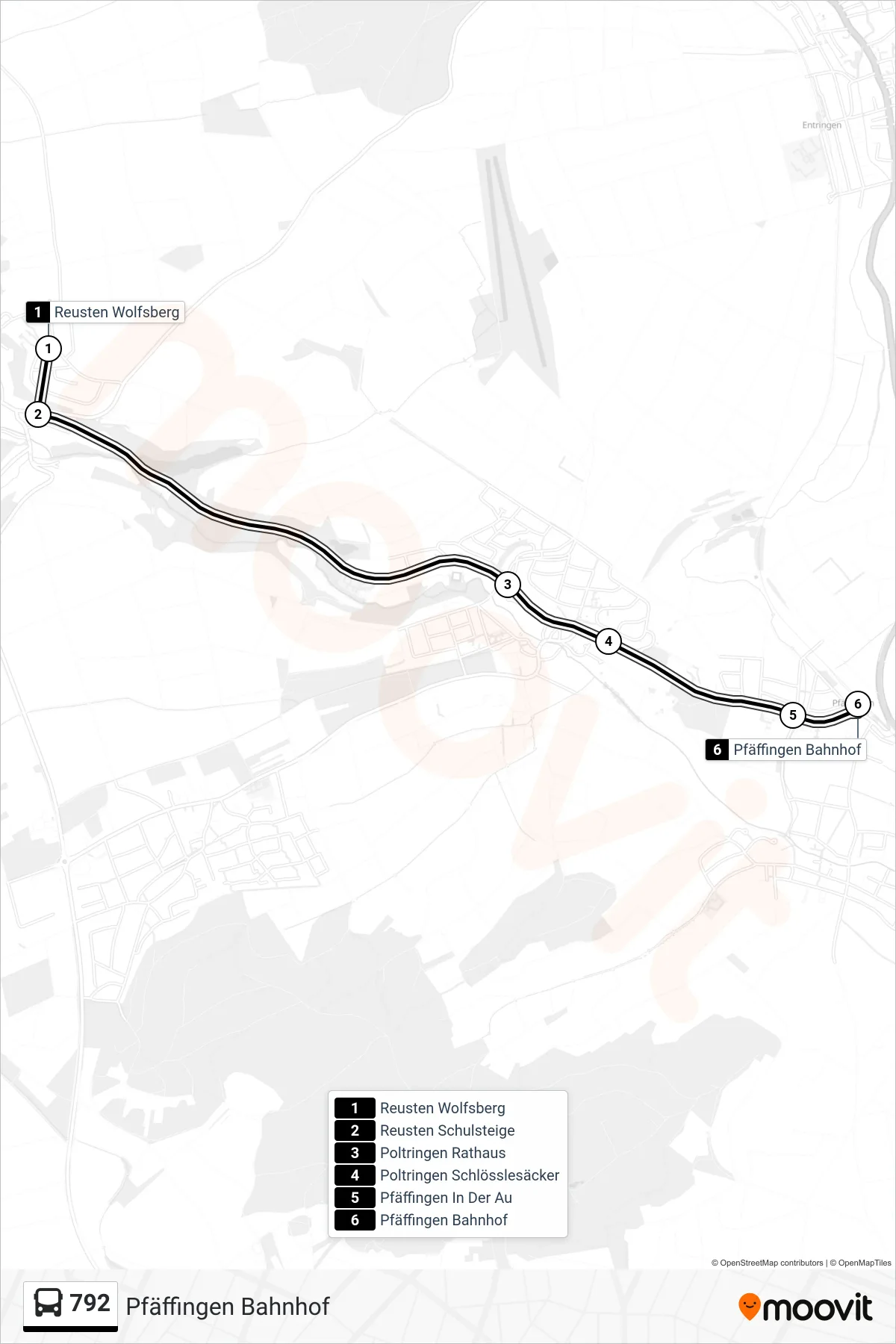 Linie 792 (Bus) Richtung Pfäffingen Bahnhof: Route und Haltestellen auf der Karte