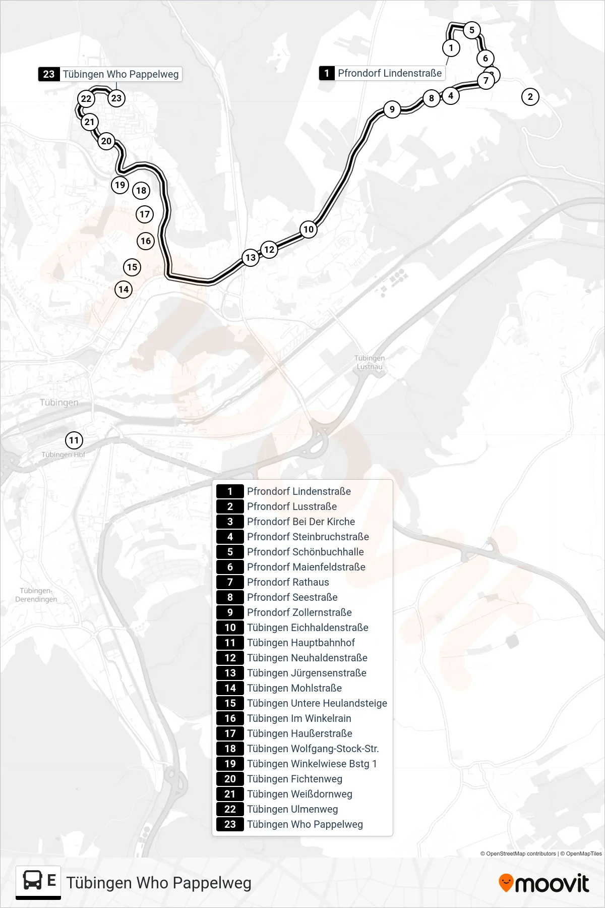 Linie E (Bus) Richtung Tübingen Who Pappelweg: Route und Haltestellen auf der Karte