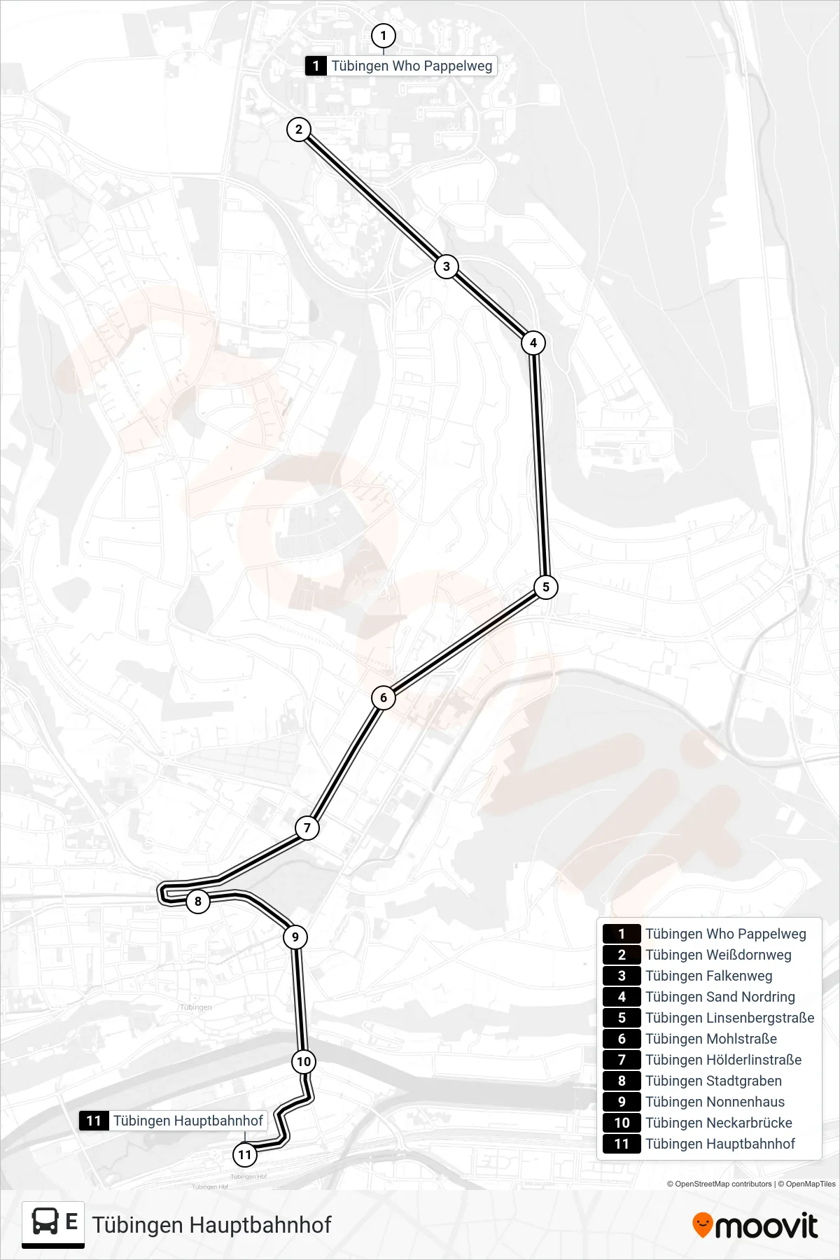 Linie E (Bus) Richtung Tübingen Hauptbahnhof: Route und Haltestellen auf der Karte