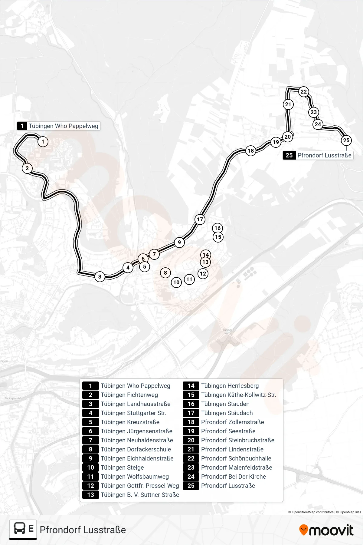 Linie E (Bus) Richtung Pfrondorf Lusstraße: Route und Haltestellen auf der Karte