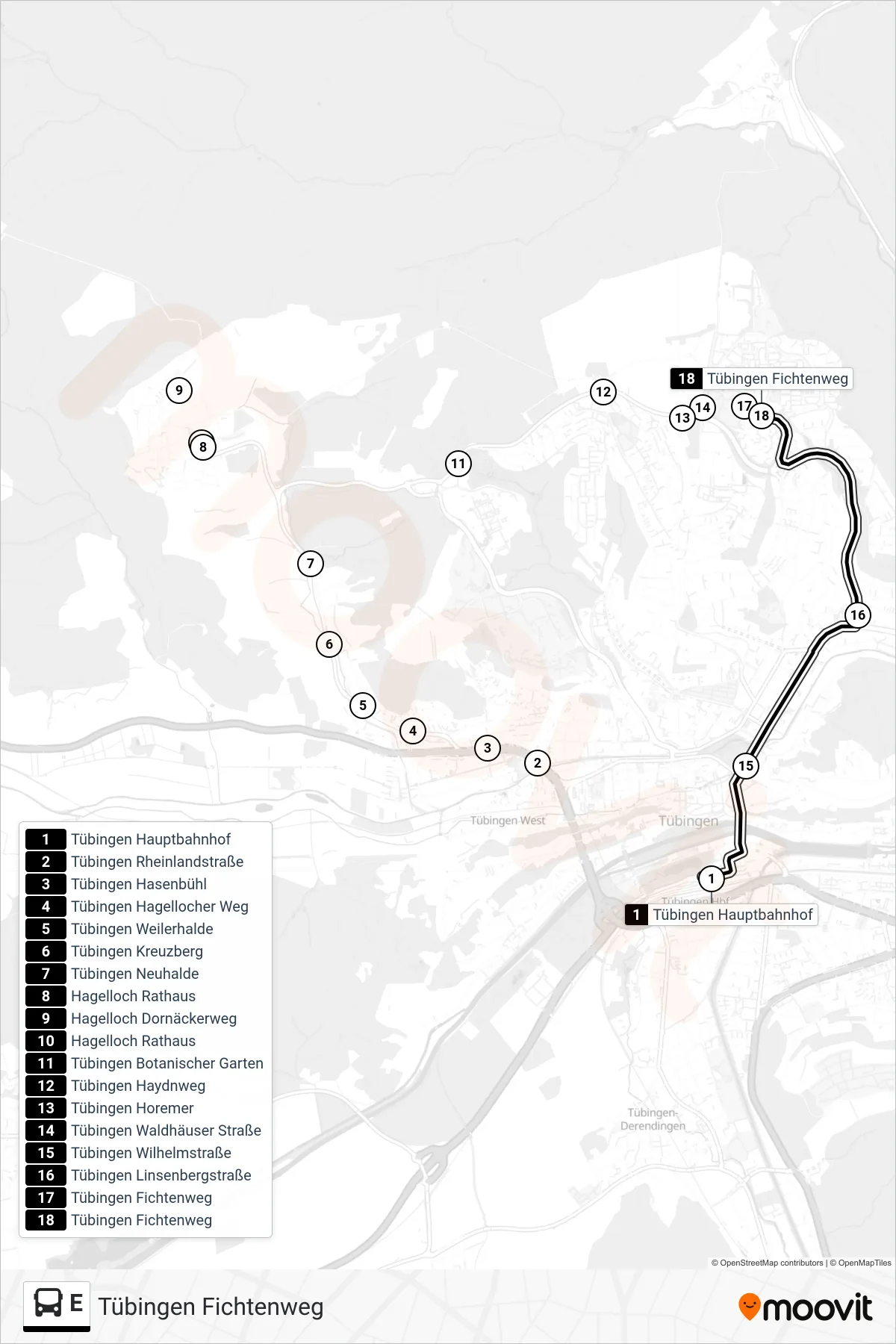 Linie E (Bus) Richtung Tübingen Fichtenweg: Route und Haltestellen auf der Karte