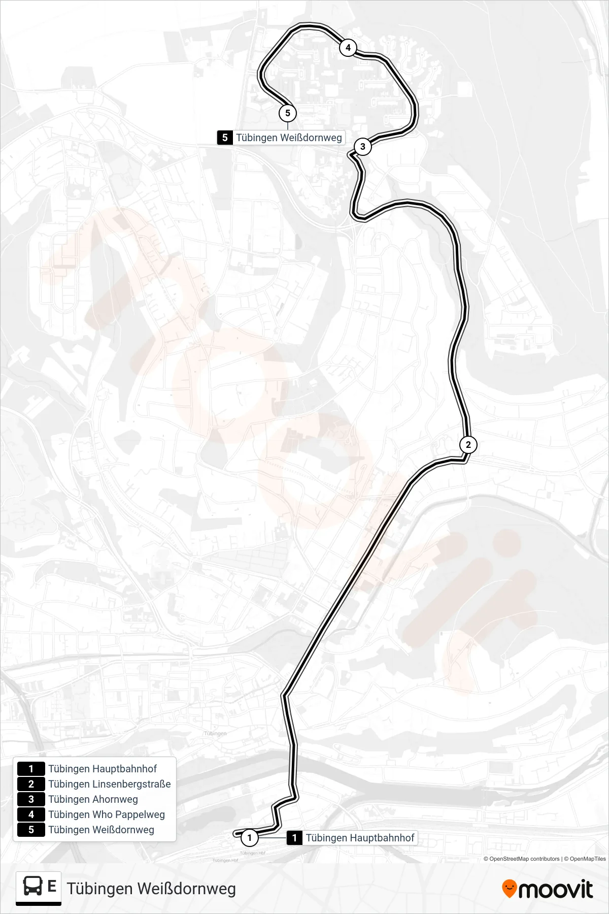 Linie E (Bus) Richtung Tübingen Weißdornweg: Route und Haltestellen auf der Karte