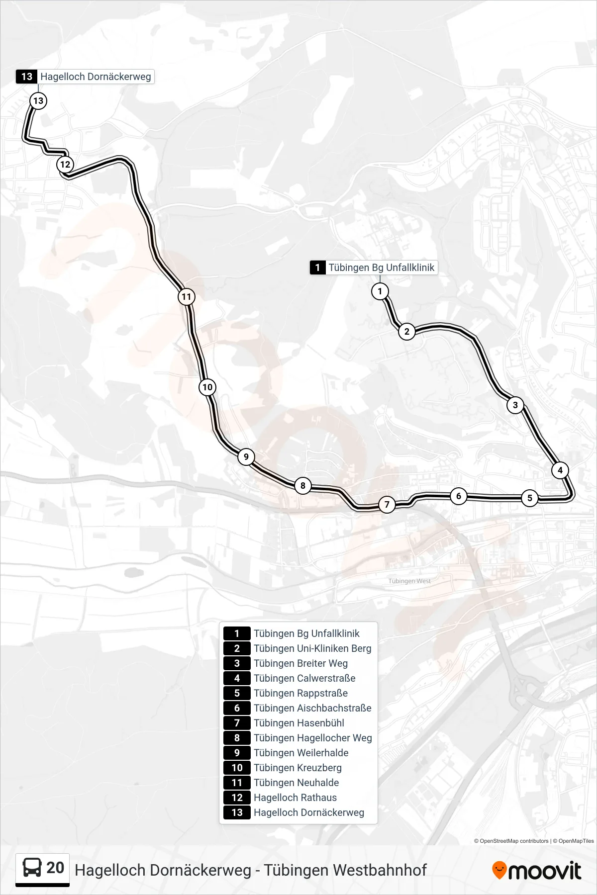 20 bus Line (Hagelloch Dornäckerweg) route and stops on a map
