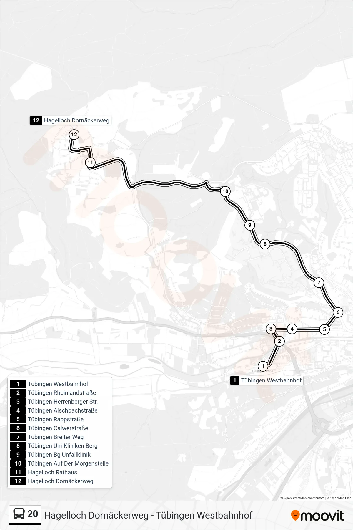 20 bus Line (Hagelloch Dornäckerweg) route and stops on a map