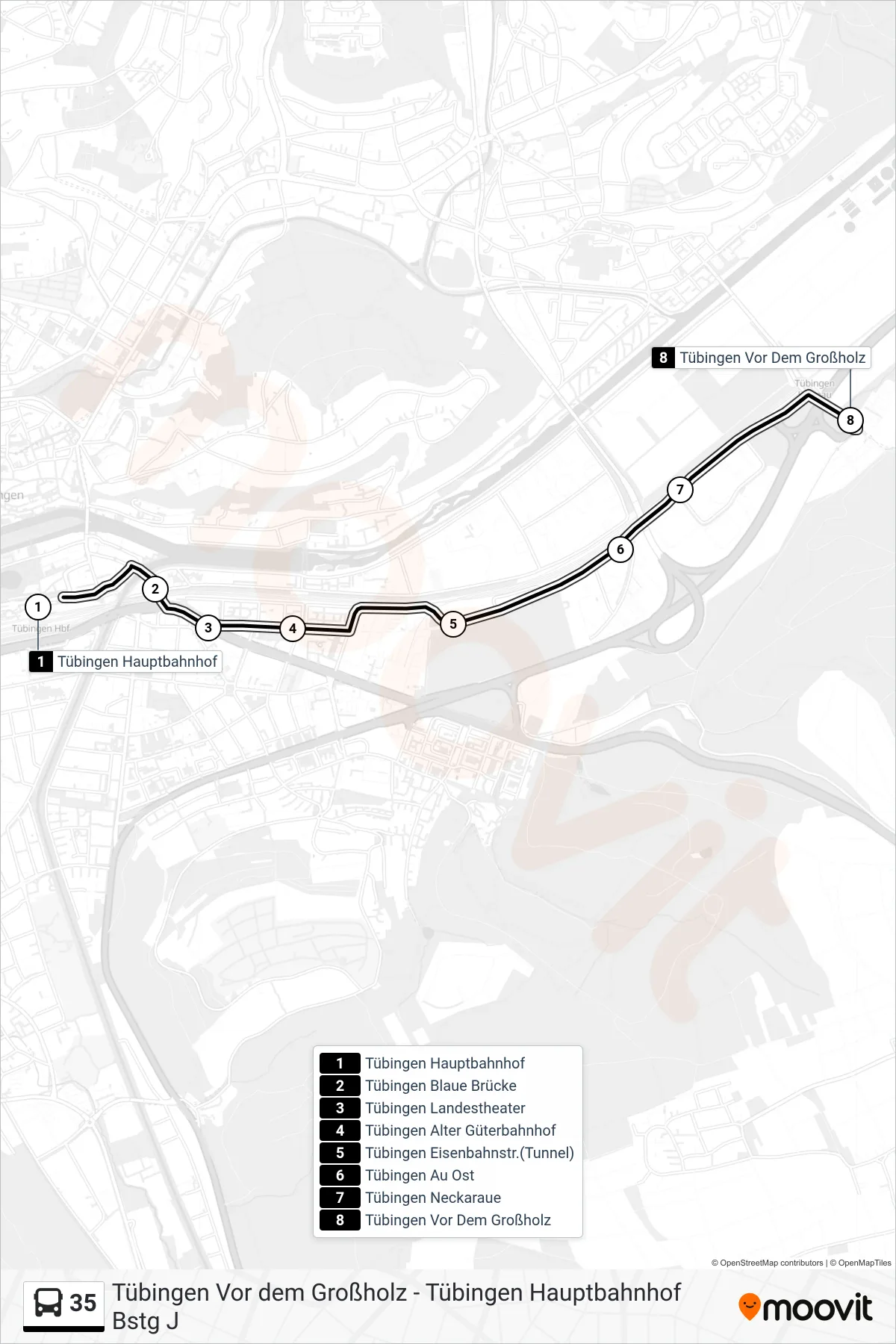 35 bus Line (Tübingen Vor Dem Großholz) route and stops on a map