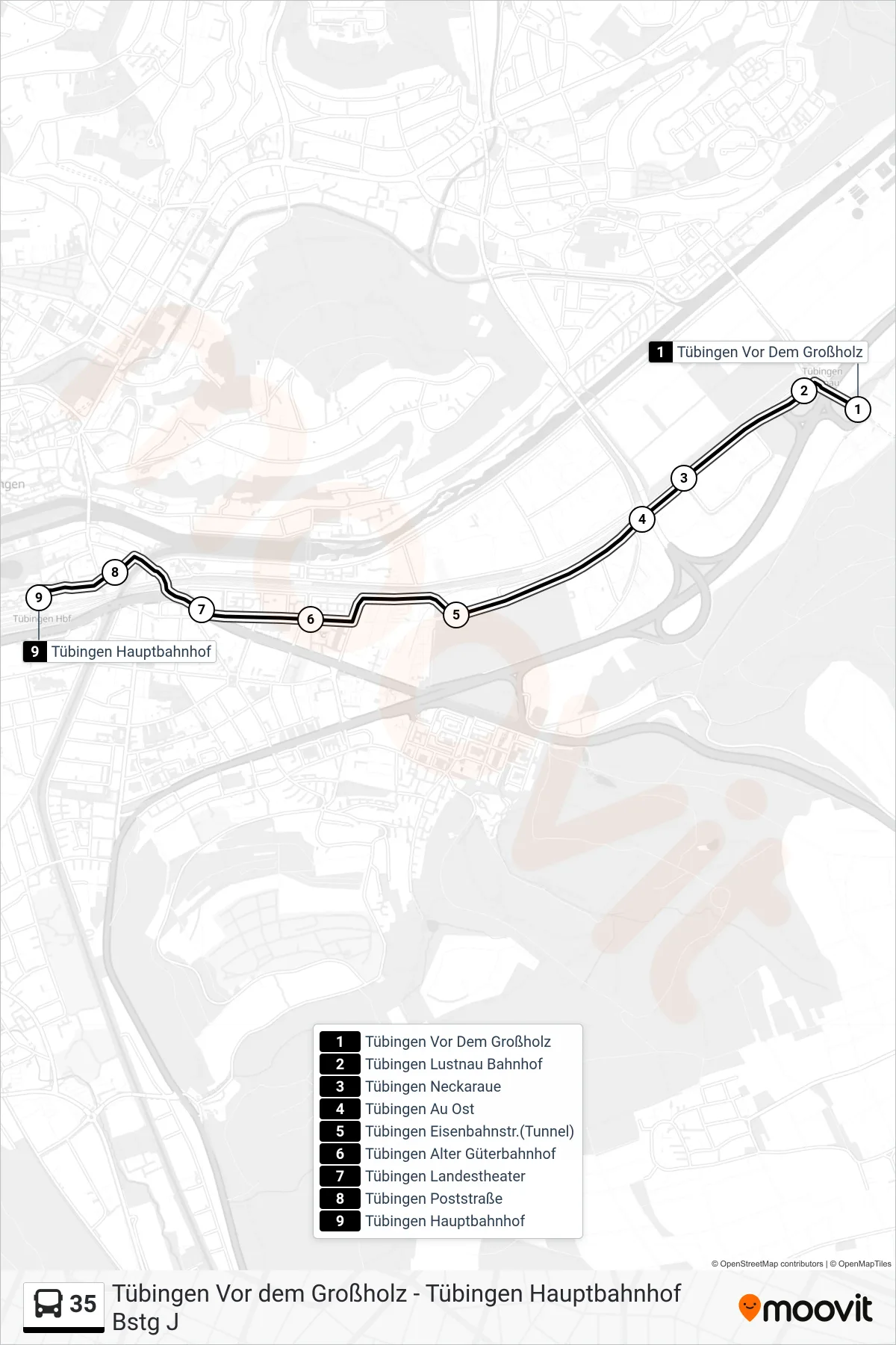 Linie 35 (Bus) Richtung Tübingen Hauptbahnhof: Route und Haltestellen auf der Karte