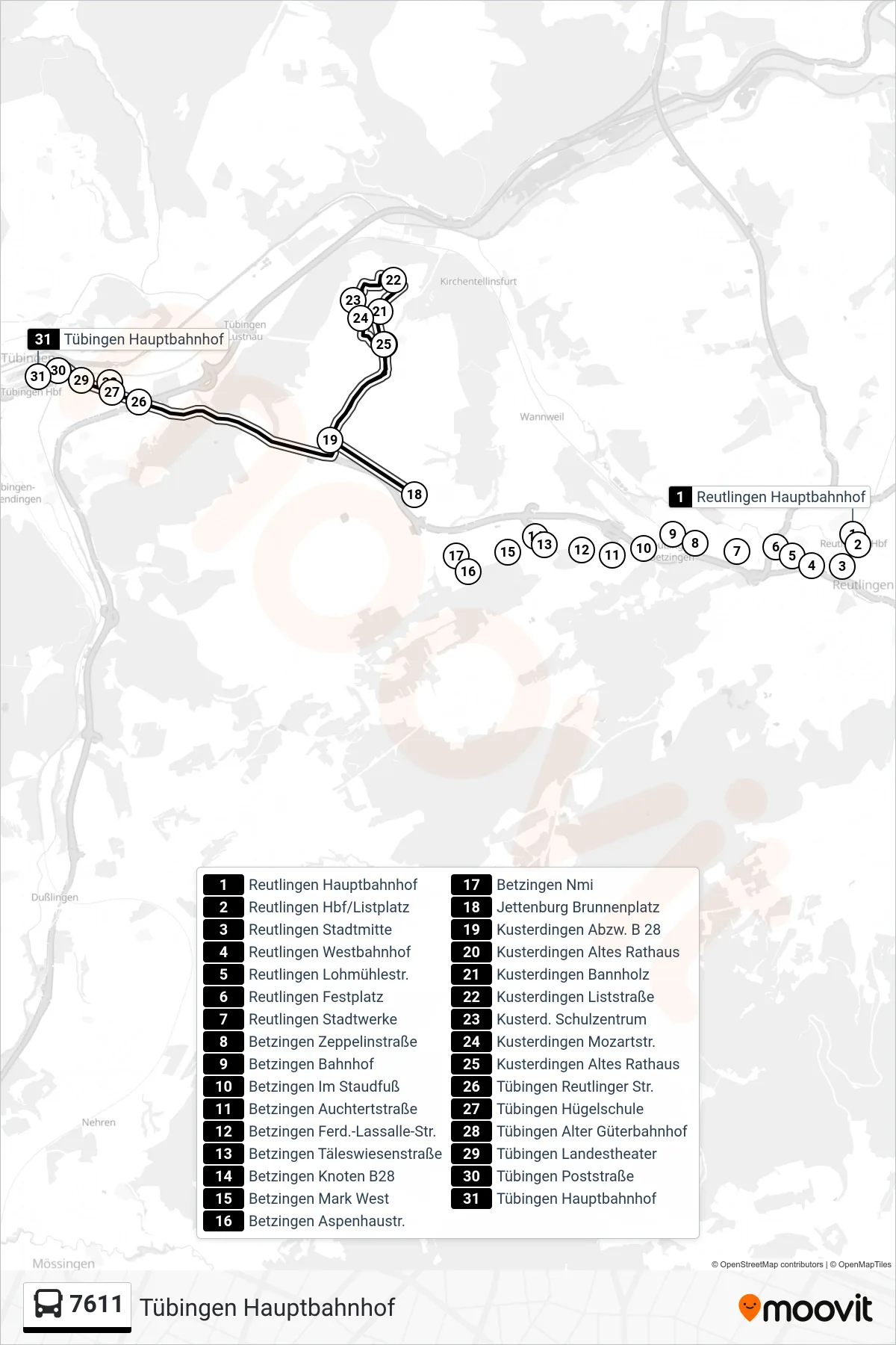 7611 bus Line (Tübingen Hauptbahnhof) route and stops on a map