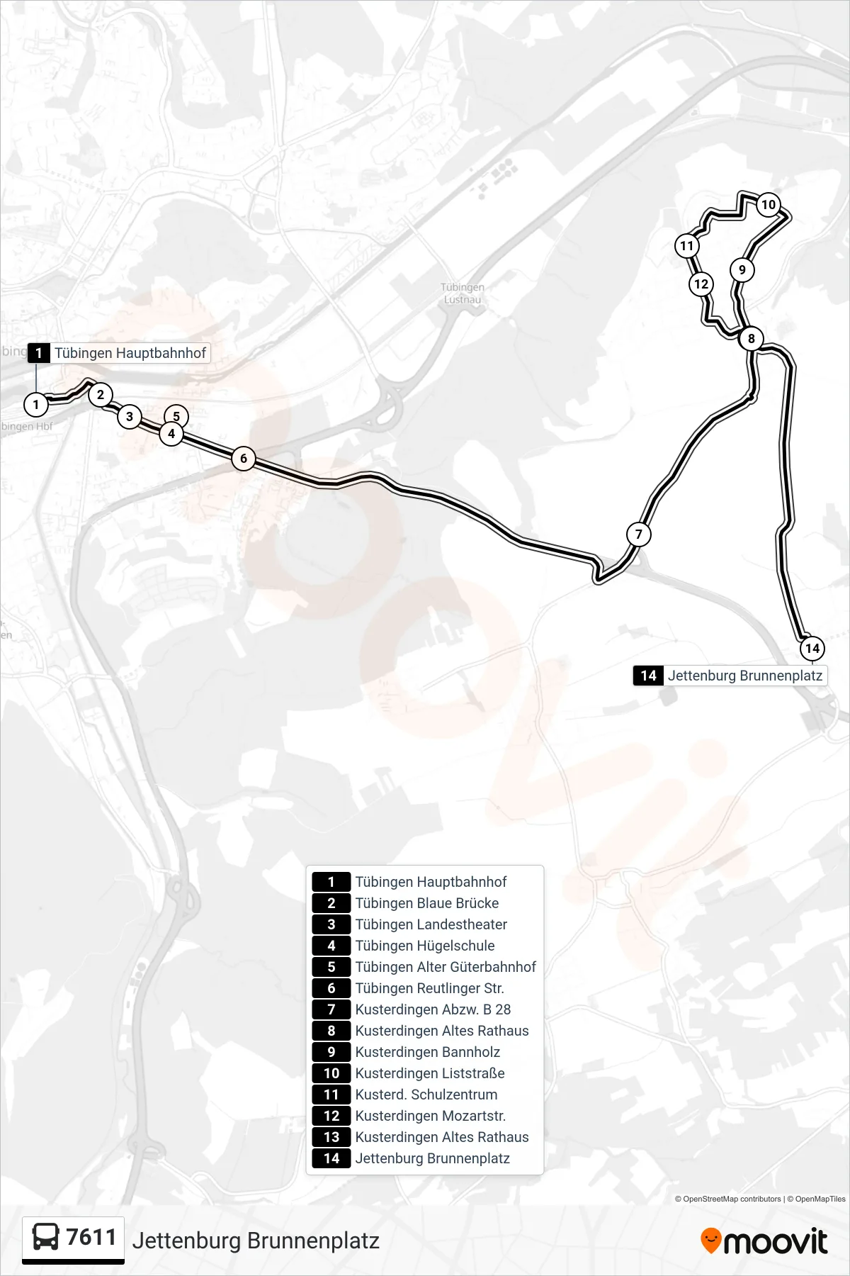 7611 bus Line (Jettenburg Brunnenplatz) route and stops on a map
