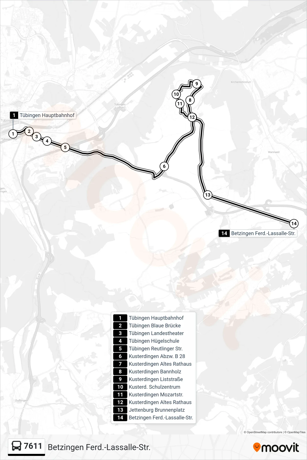 7611 bus Line (Betzingen Ferd.-Lassalle-Str.) route and stops on a map