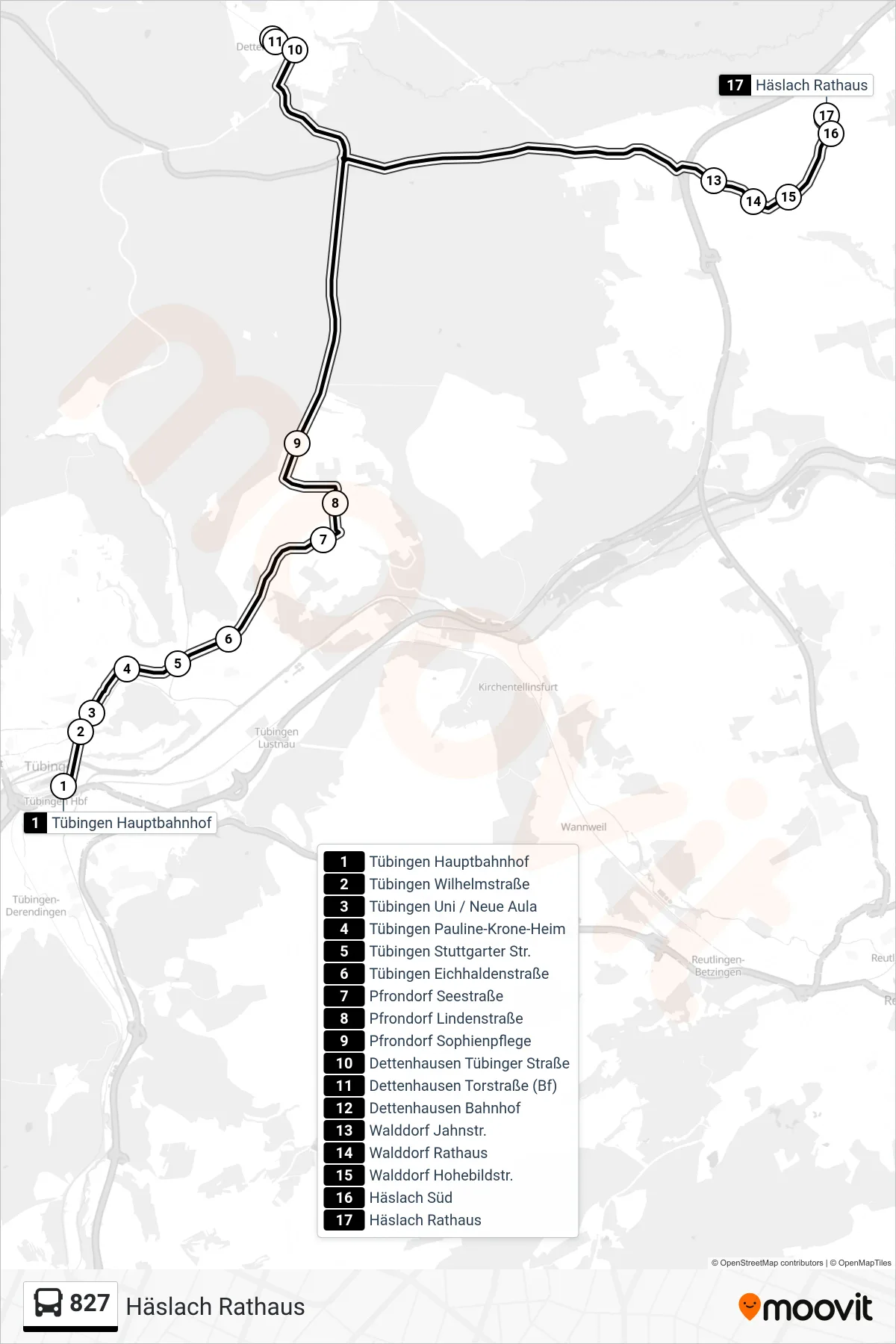 827 tram Line (Häslach Rathaus) route and stops on a map