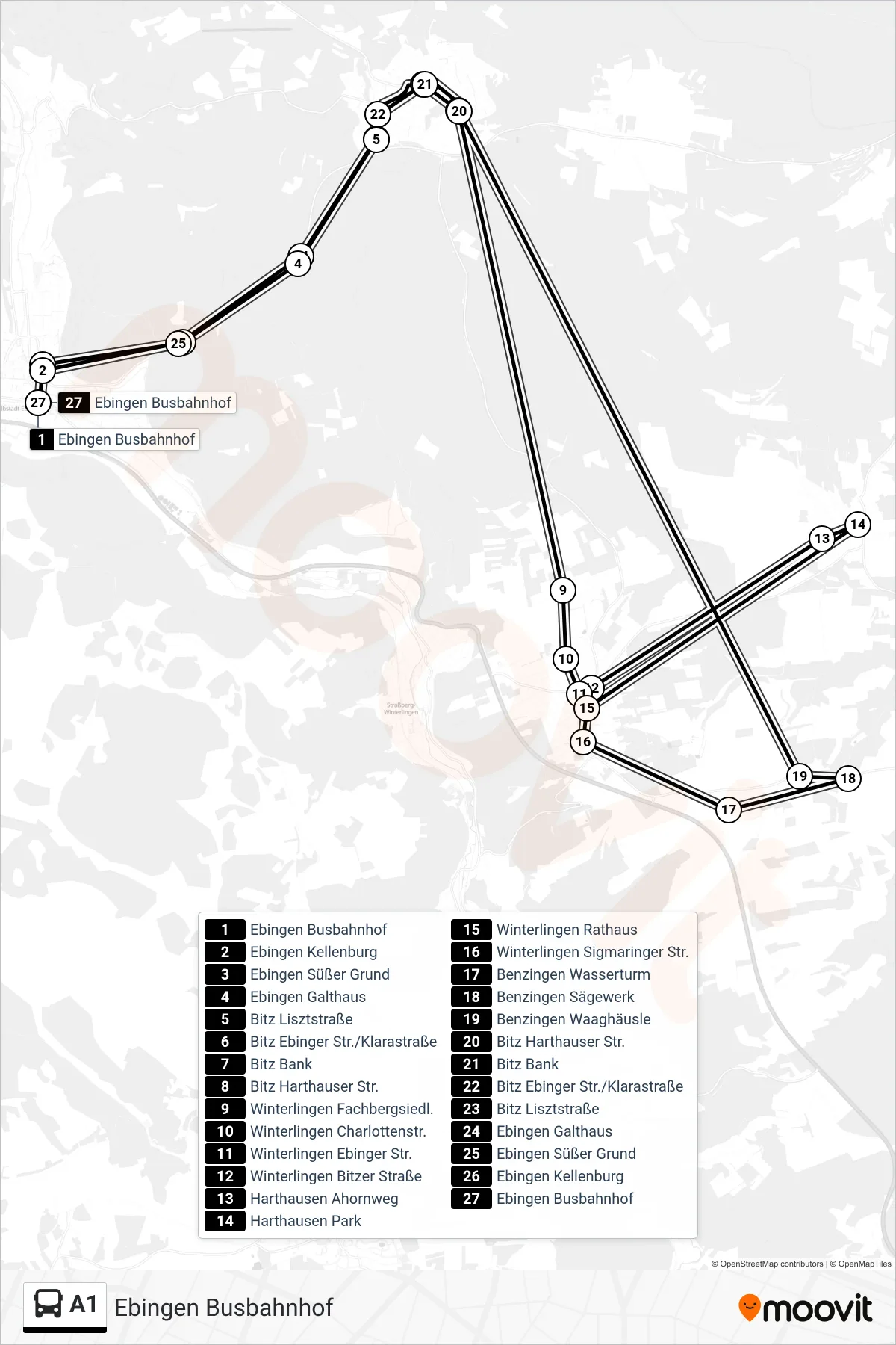 Linie A1 (Bus) Richtung Ebingen Busbahnhof: Route und Haltestellen auf der Karte