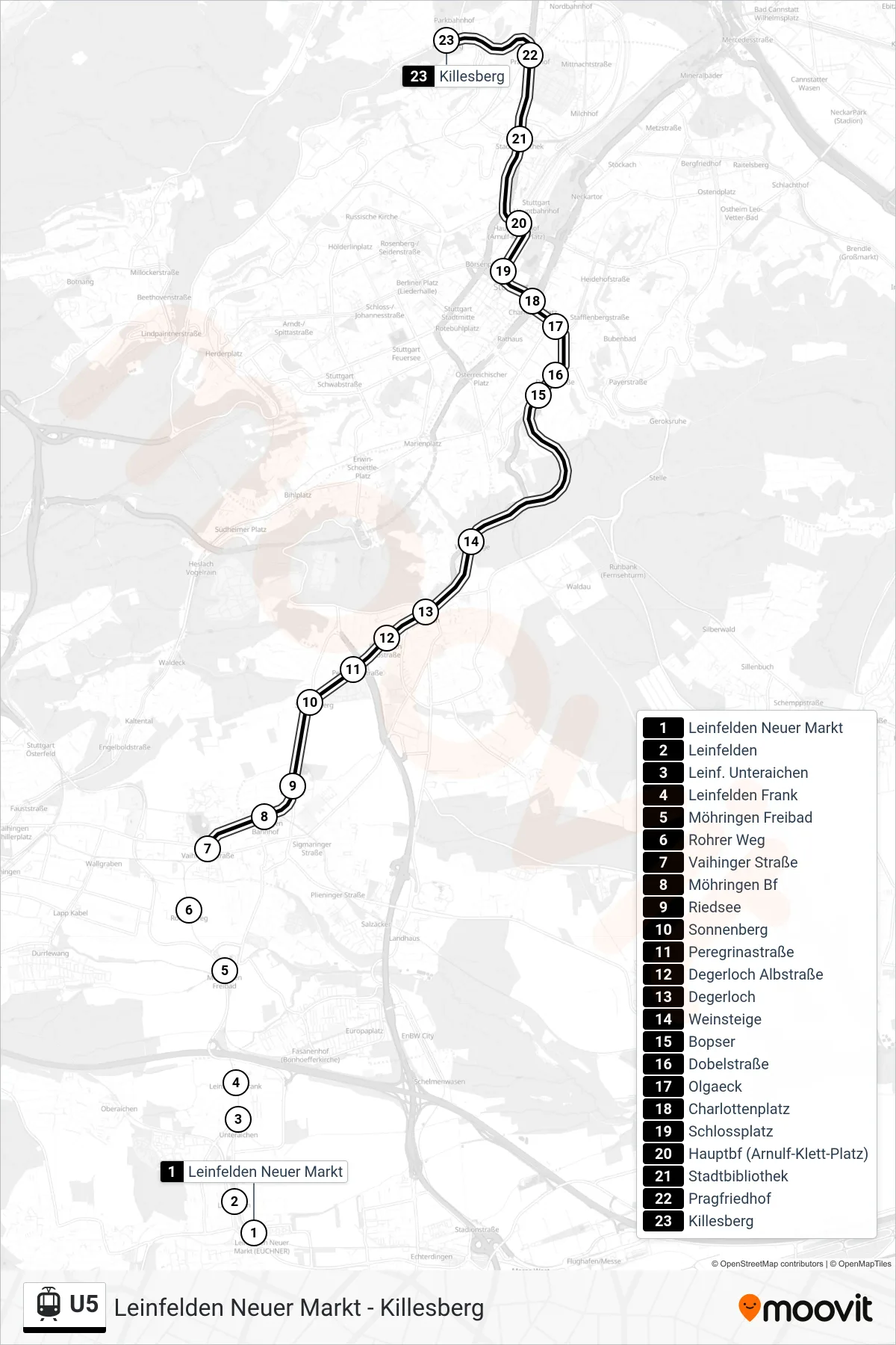 U5 light rail Line (Killesberg) route and stops on a map