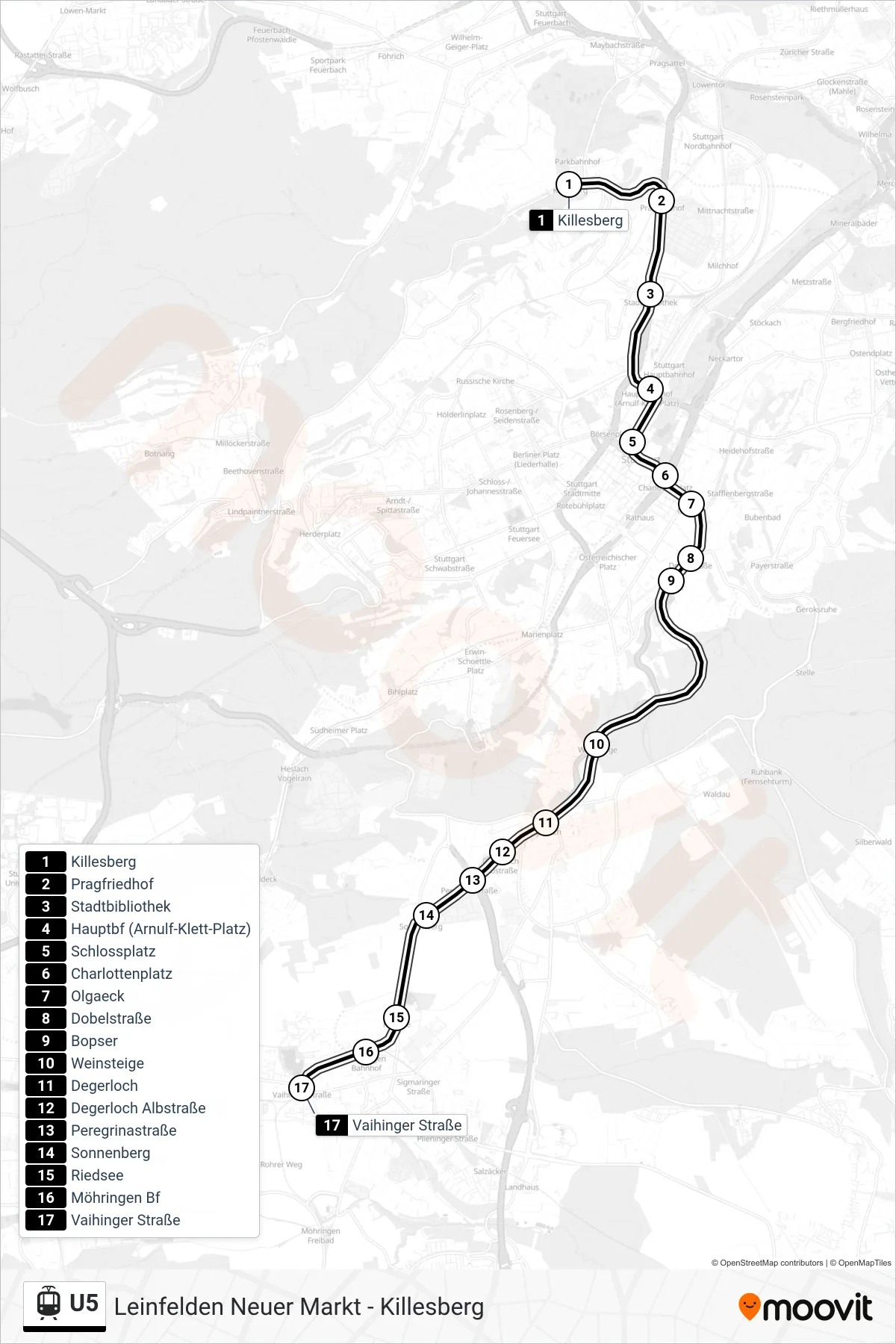 U5 light rail Line (Vaihinger Straße) route and stops on a map