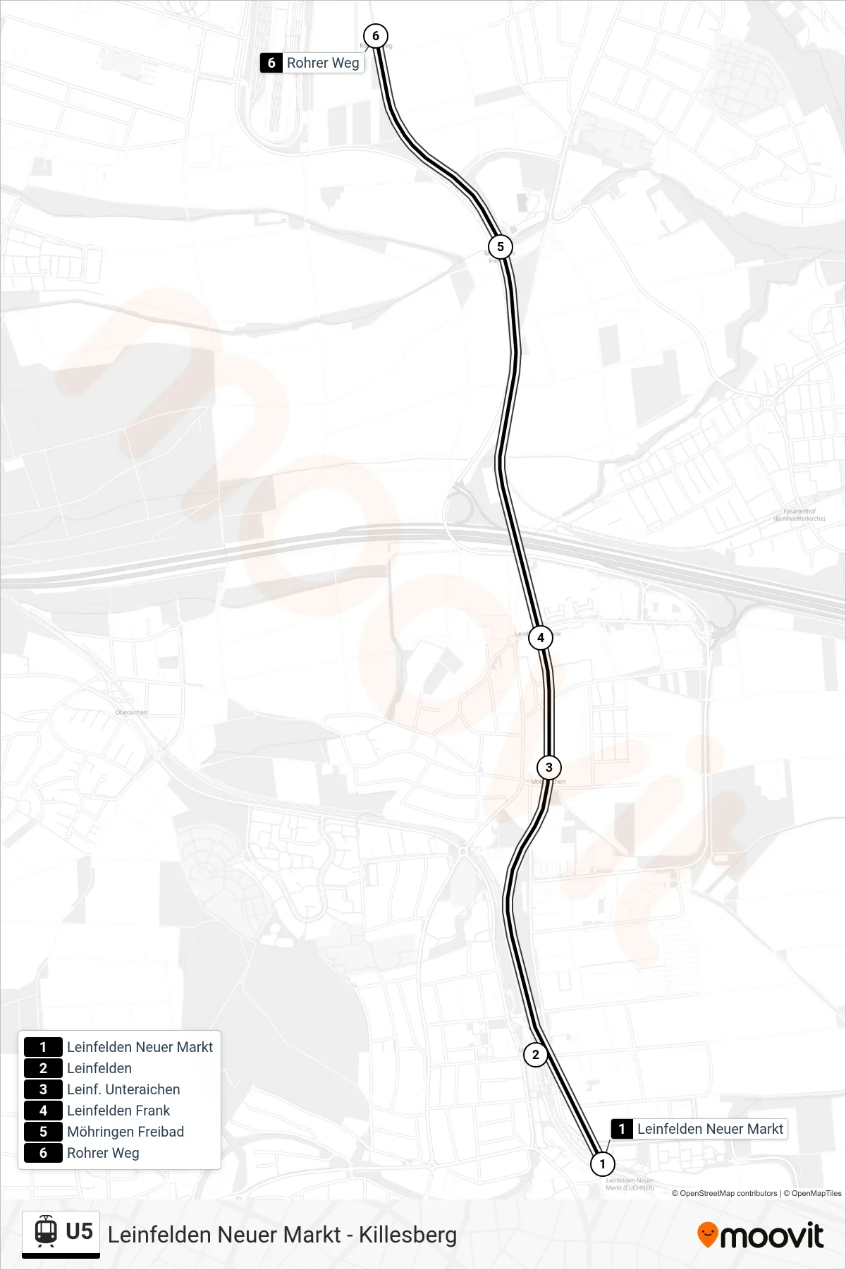Linie U5 (Straßenbahn) Richtung Rohrer Weg: Route und Haltestellen auf der Karte