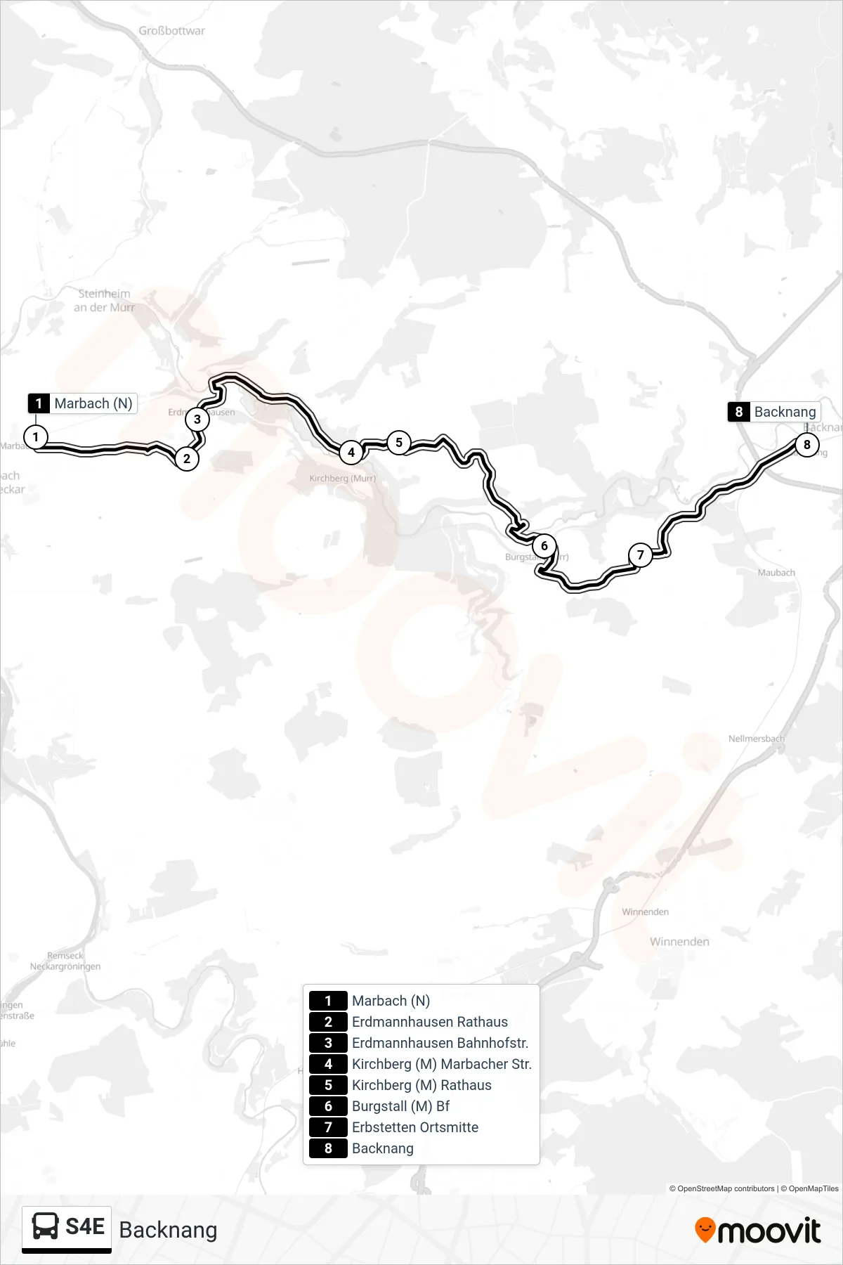 Linie S4E (Bus) Richtung Backnang: Route und Haltestellen auf der Karte