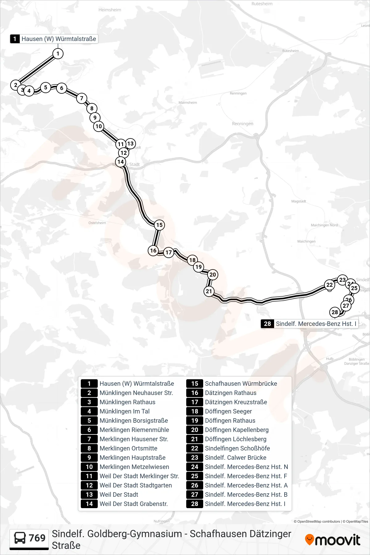 769 bus Line (Sindelf. Mercedes-Benz Hst. I) route and stops on a map