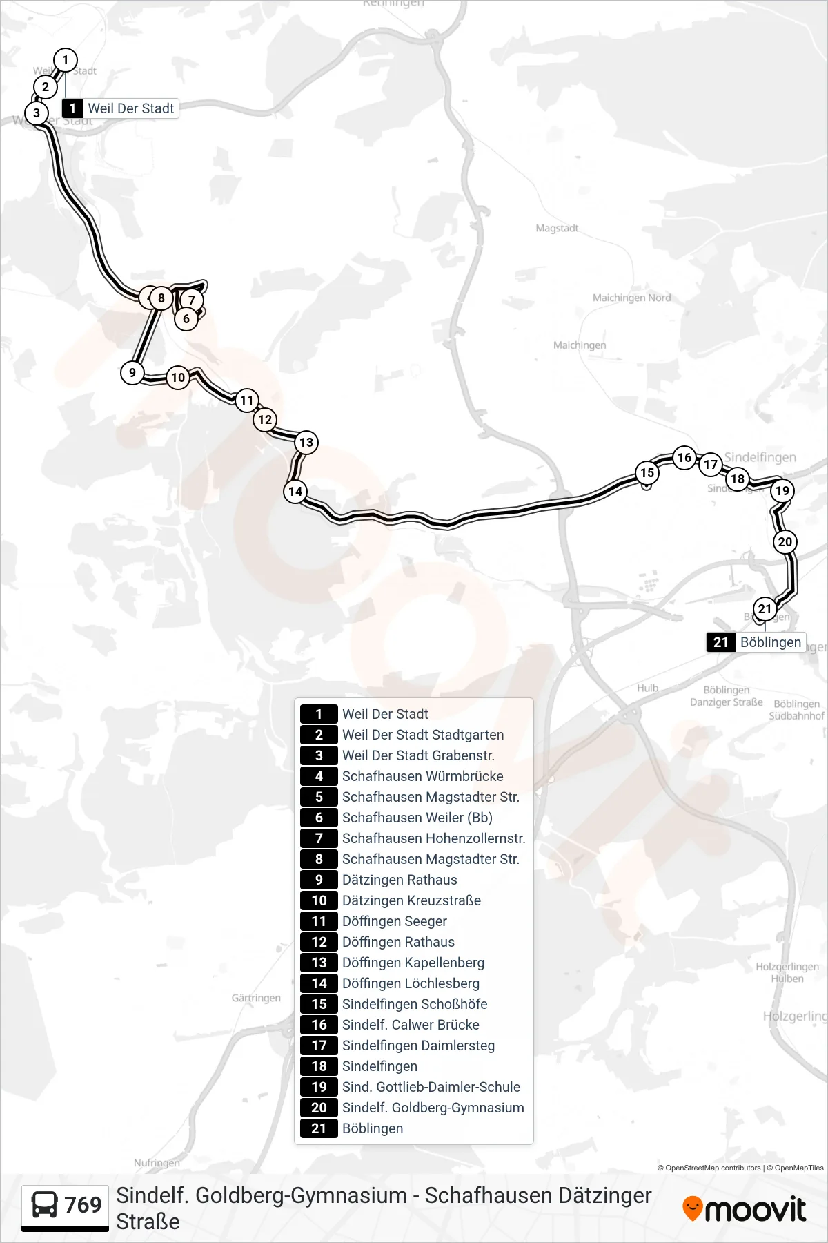769 bus Line (Böblingen) route and stops on a map