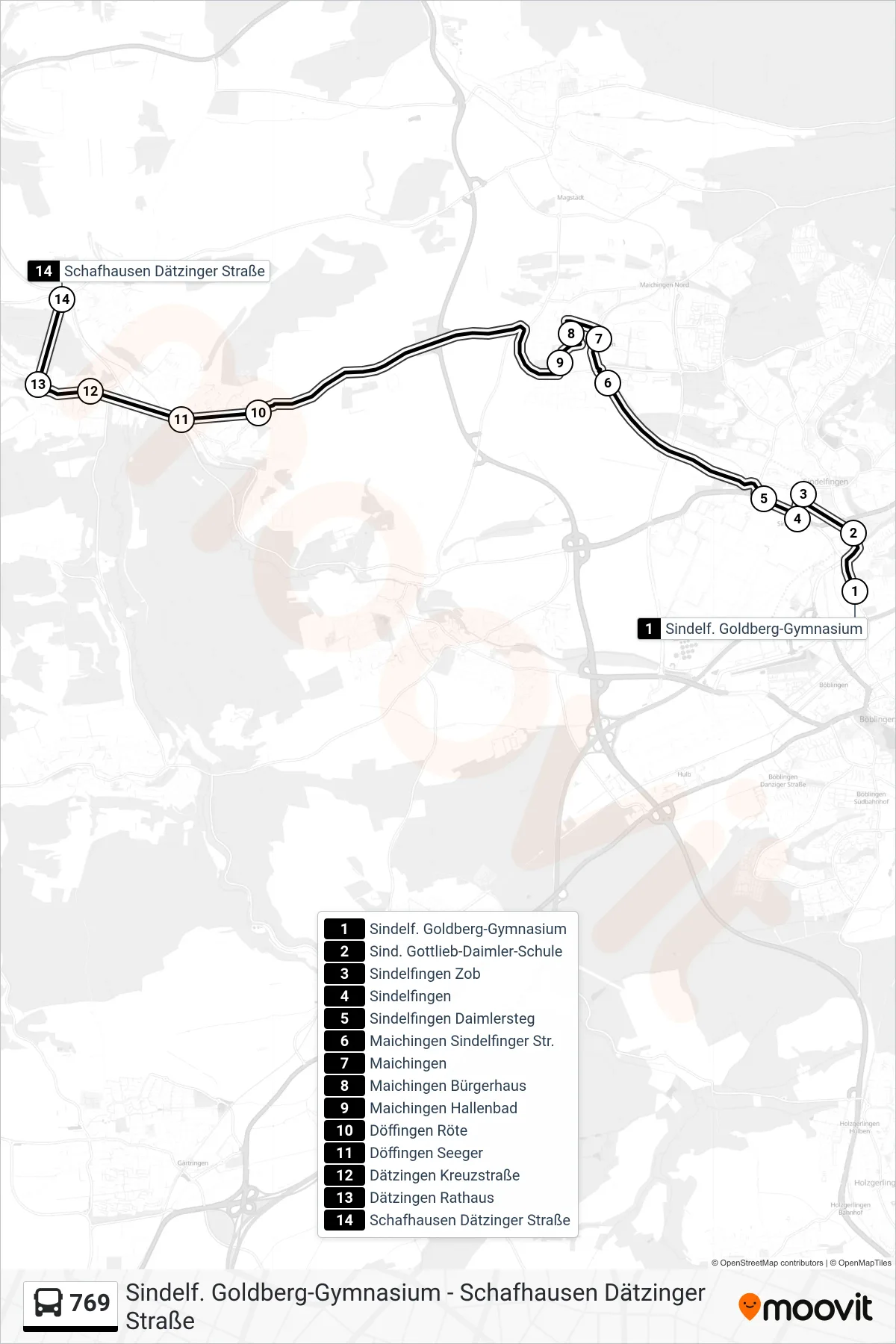 Linie 769 (Bus) Richtung Schafhausen Dätzinger Straße: Route und Haltestellen auf der Karte