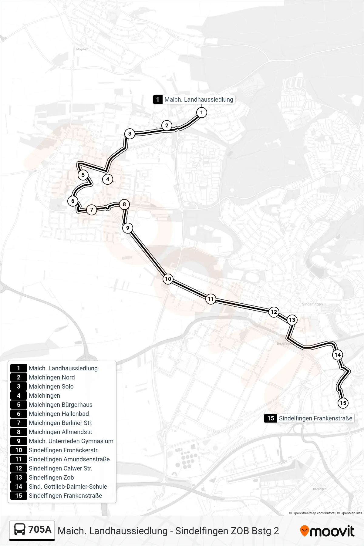 705A bus Line (Sindelfingen Frankenstraße) route and stops on a map