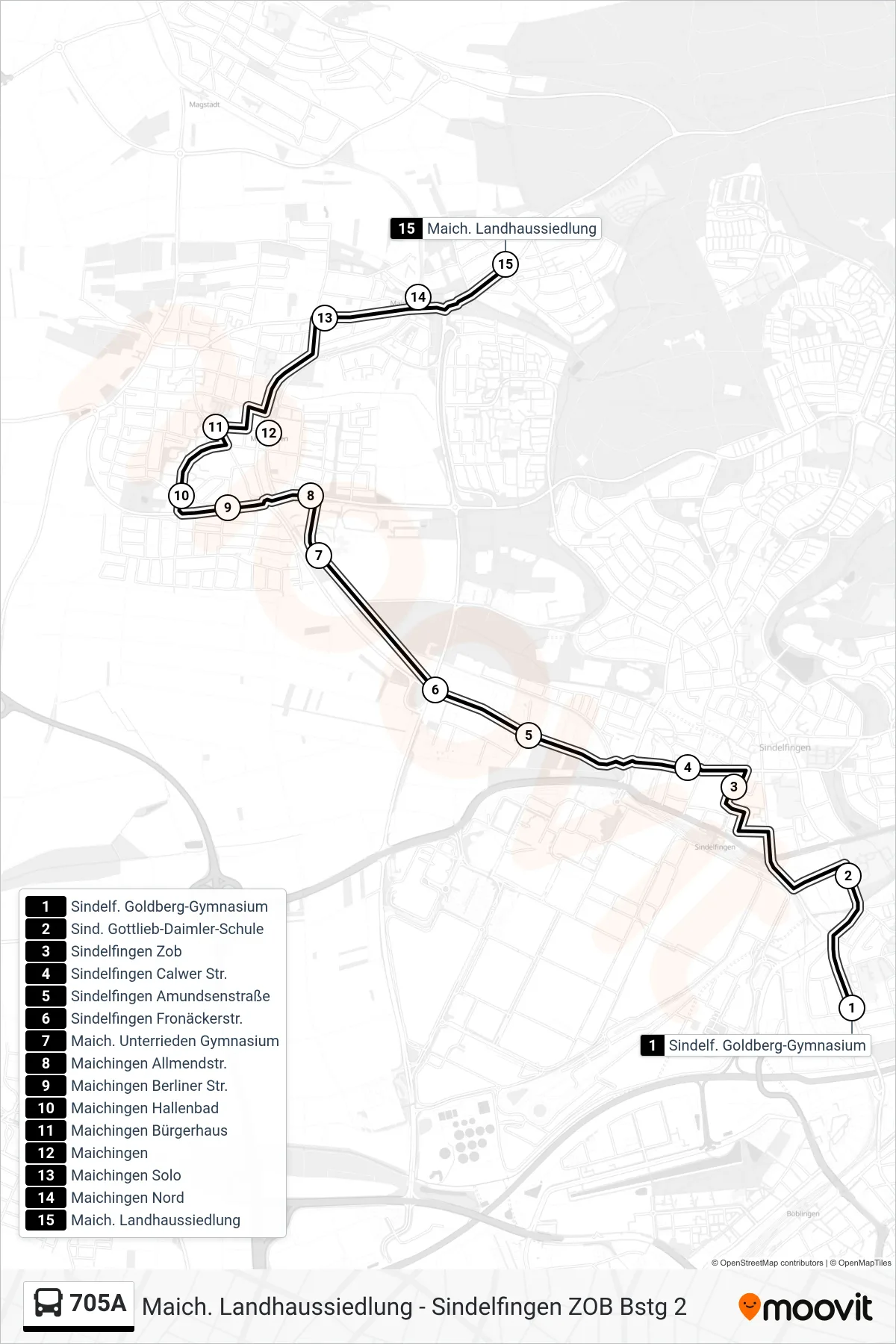 705A bus Line (Maich. Landhaussiedlung) route and stops on a map