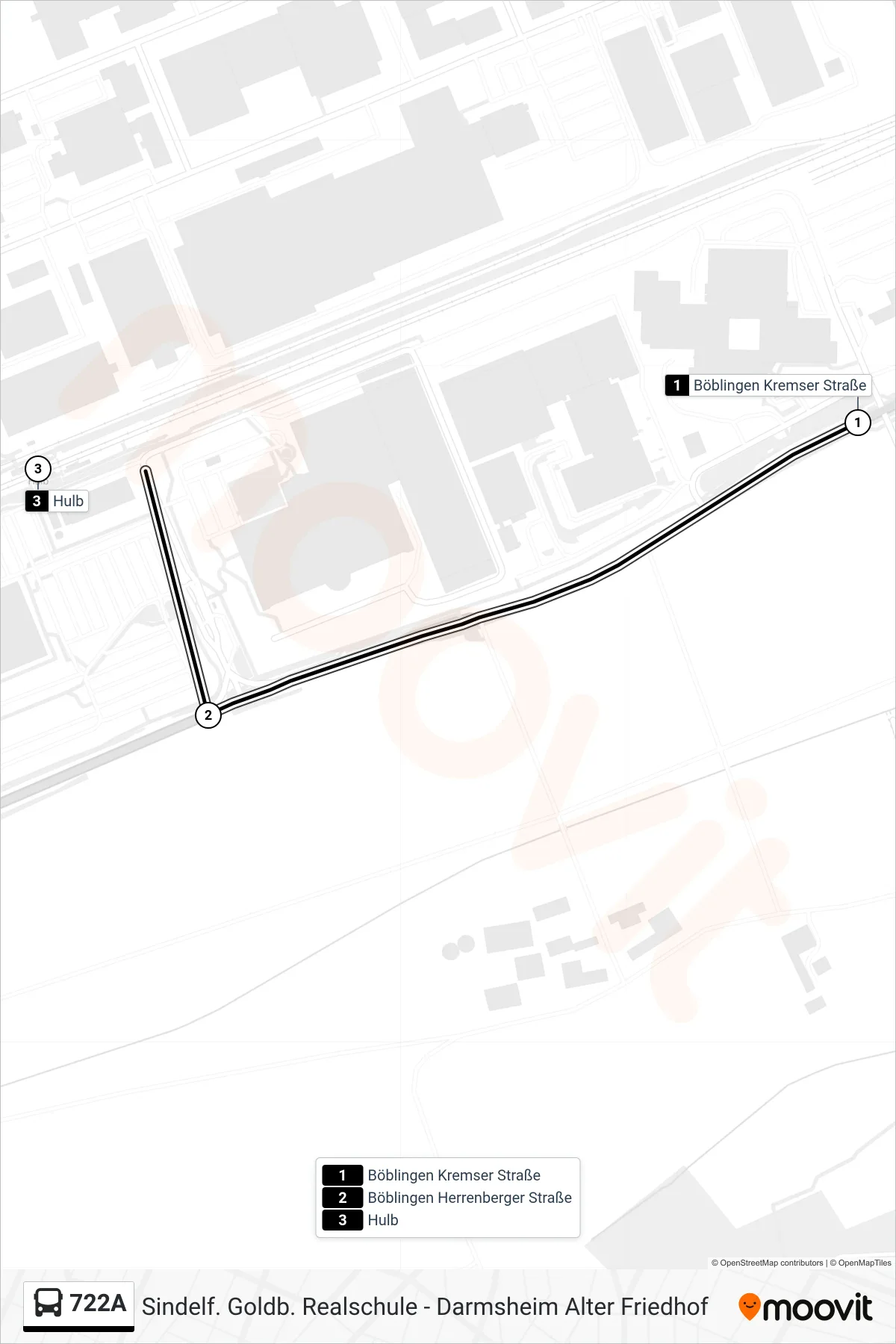 722A bus Line (Hulb) route and stops on a map